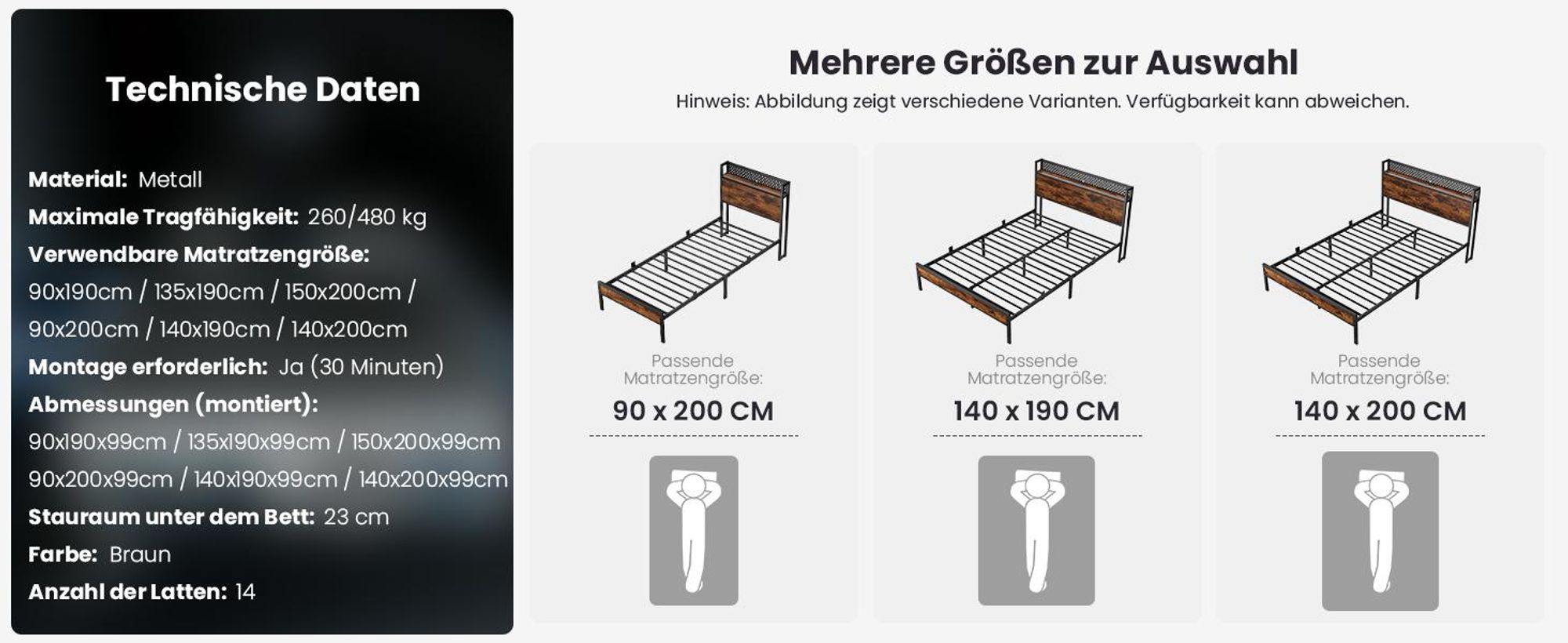 Bett 90 x 200 cm, Bettgestell mit Stauraum-Kopfteil & LED-Lichtern, 3 USB & 1 Typ-C, 14 Reihen Metalllatten, Stauraum unter dem Bett, Braun
