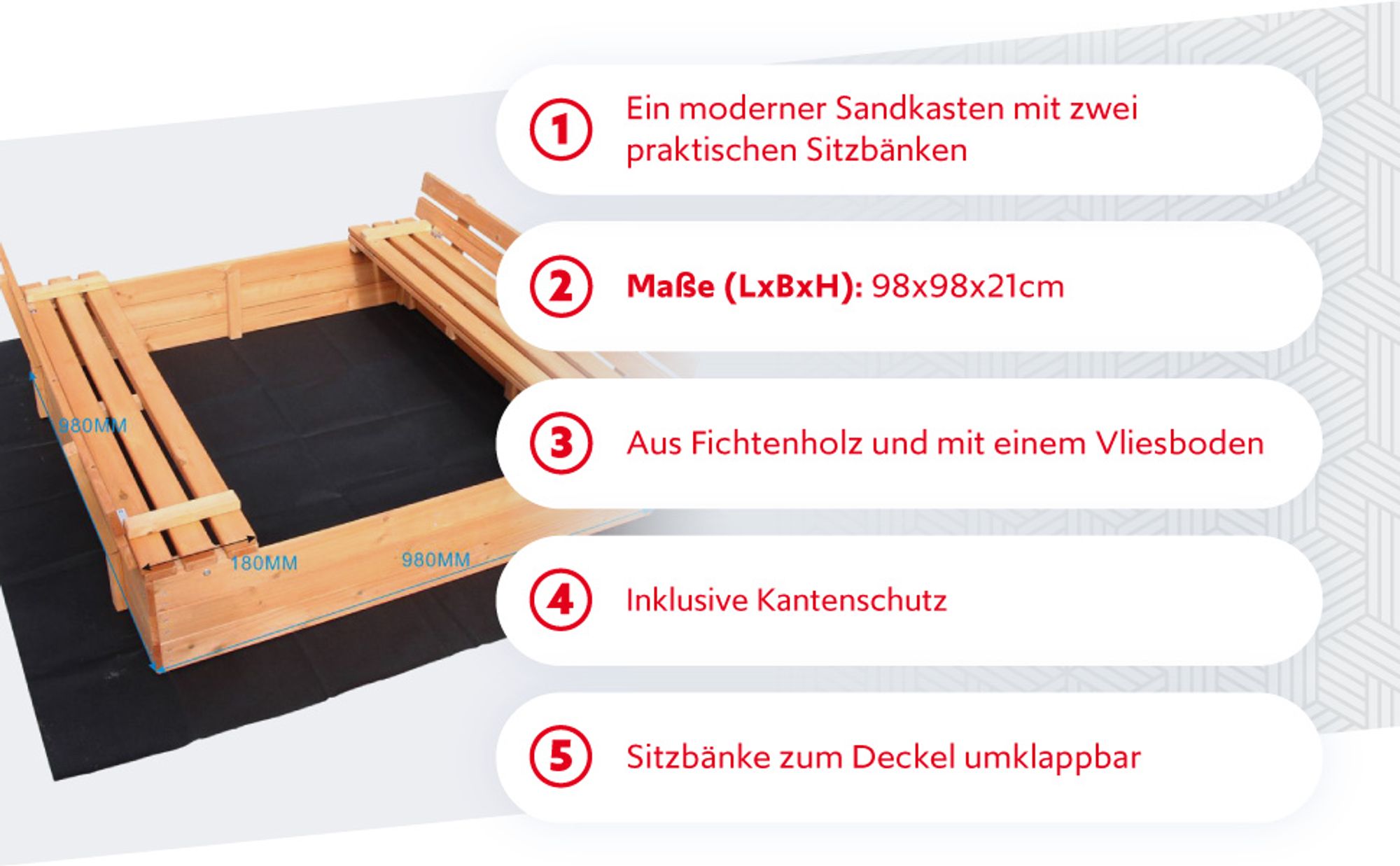 Sandkasten mit Deckel 2 Sitzbänke 156,7 x 156,6 x 55 cm, Sandkiste aus Holz mit klappbaren Bänken, Sandkasten mit Abdeckung, Sandbox mit Vliesboden