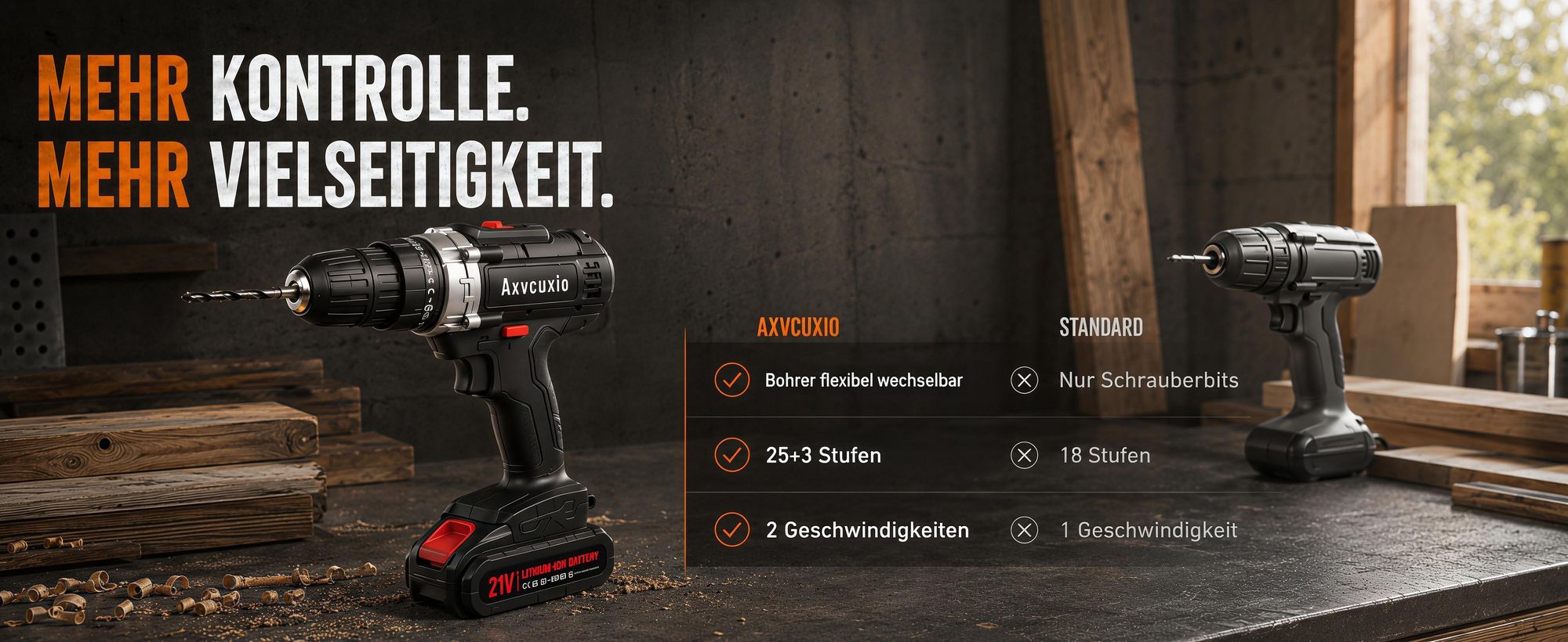 3-in-1 Akku schrauber,21V Akku Bohrschrauber Set,Schlagbohrmaschinen mit LED,45Nm Max,Schrauber mit 2x1500mAh Akkus,Koffer und viel Zubehör,Schwarz