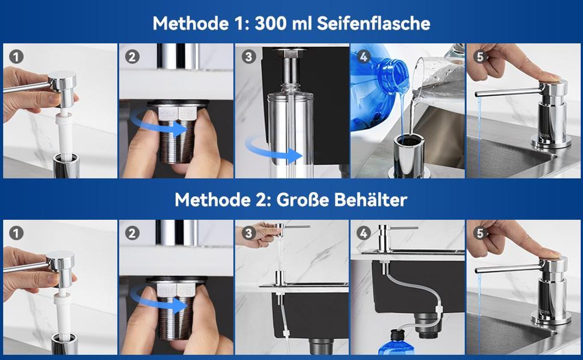 CECIPA 300ML Seifenspender Küche Einbau,Küchenspüle Chrom SpülmittelSpender，360° Rotation Pump Spender,1,2 m Verlängerungsschlauch