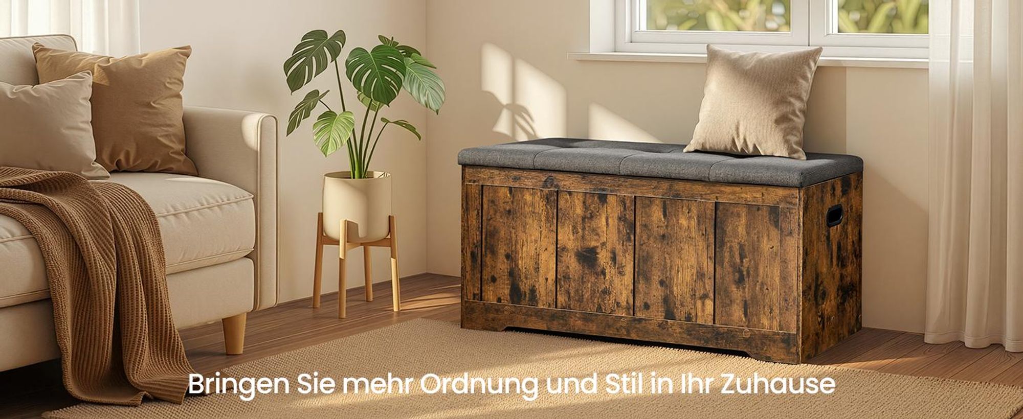 VASAGLE Truhe mit Stauraum, Truhenbank mit Deckel, für Schlafzimmer, Flur, Wohnzimmer, 41 x 101 x 49 cm, braun-grau