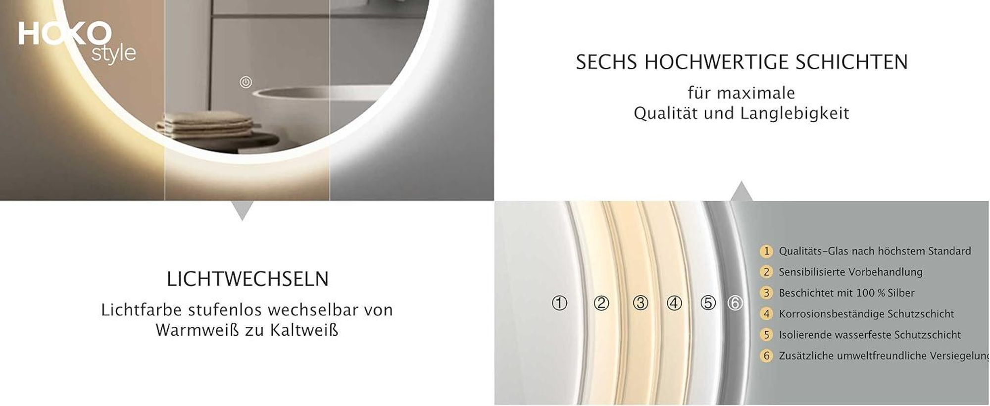 HOKO Design Badspiegel LED rund 60cm mit LED Farbtemperatur stufenlos einstellen 2700K-6500K Warmweiß - Kaltweiß - Neutral,Touch Schalter,Memory,IP44