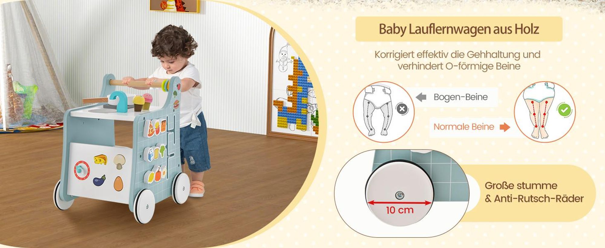 COSTWAY 6 in 1 Lauflernhilfe aus Holz, Lauflernwagen mit Spielküche, Lernuhr, Formanpassung & beweglichem Schieber, Lernspielzeug Aktivitätszentrum mit Rädern für Kinder ab 1 Jahr