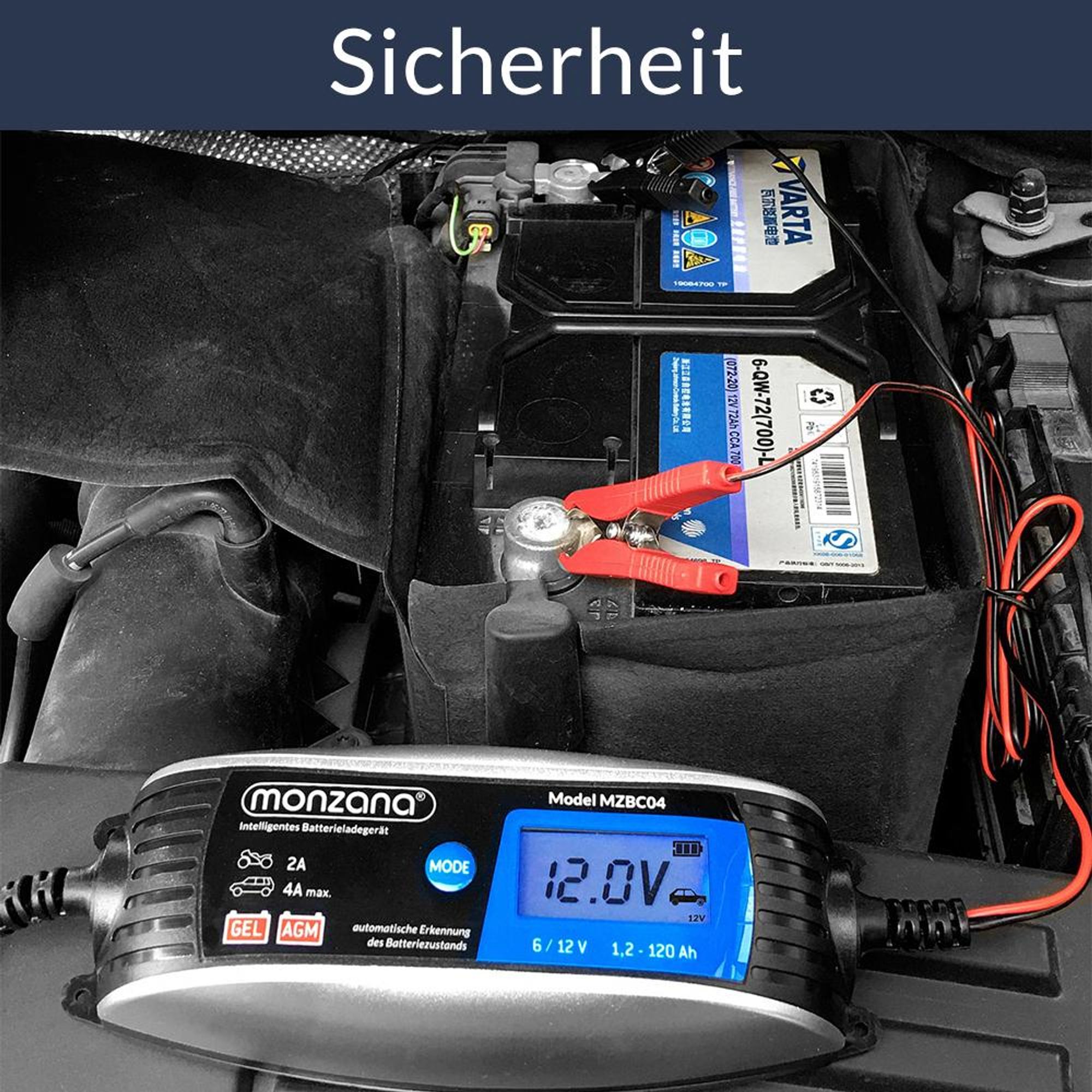 MONZANA® KFZ Batterieladegerät vollautomatisch 6V 12V LCD-Bildschirm Temperaturkompensation Erhaltungsladung intelligentes Ladegerät für Auto Motorrad