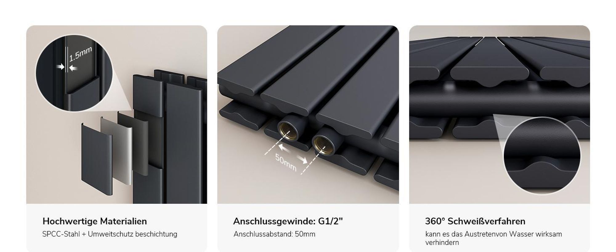 EMKE Design Paneelheizkörper Horizontal 630x616mm 805W Flachheizkörper Anthrazit Heizkörper Doppellagig SPCC-Stahl Seitenanschluss ohne Heizstab