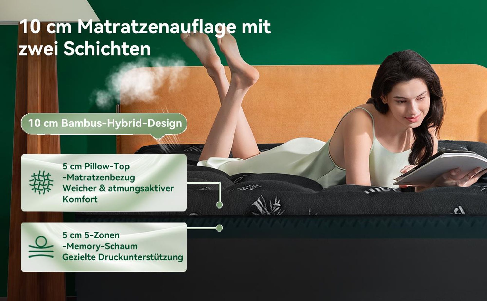 NicePlus 2-in-1 Topper, 140x200X10cm, 5-Zonen Memory Foam + Bambus-Pillow-Top, mit Eckgummis für alle Matratzen, H2/H3, Schwarz