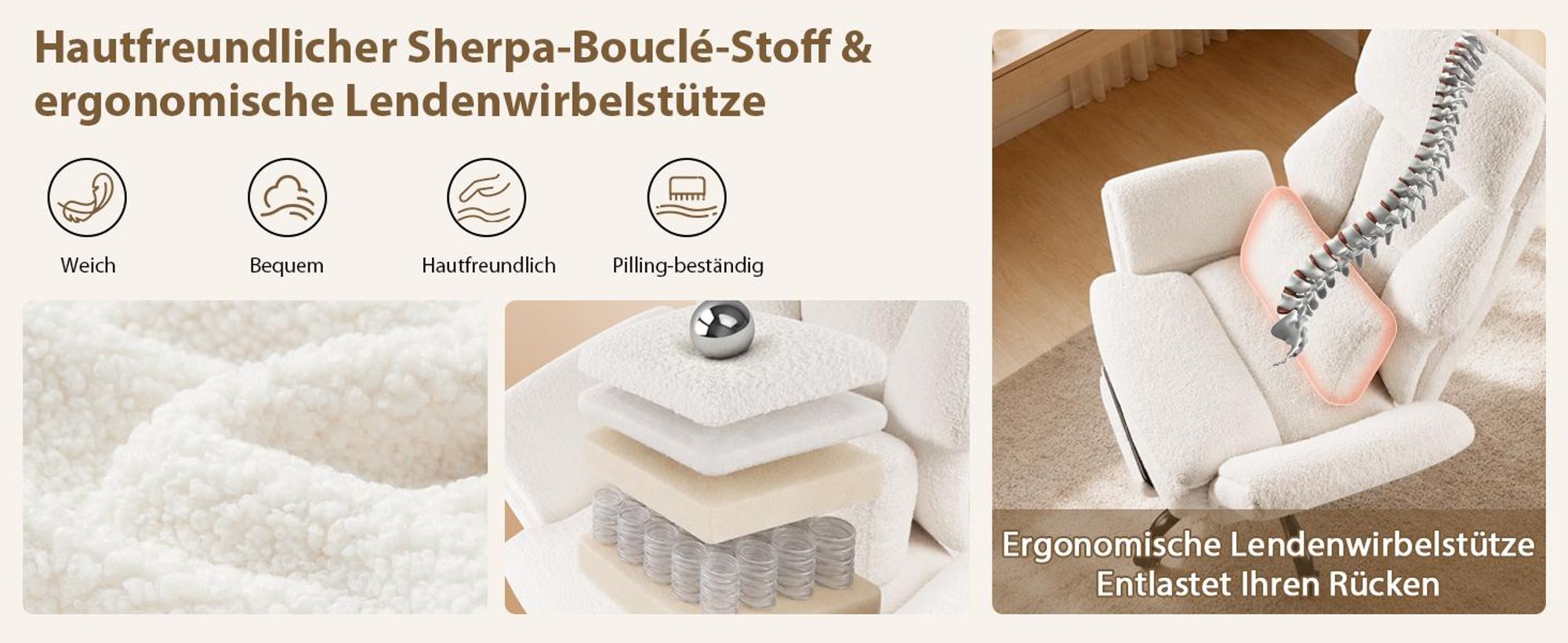 Drehstuhl Bürostuhl Ergonomisch mit klappbaren Armlehnen, Gaming Stuhl mit Fußstütze & 135° Verstellbarer Rückenlehne, Weiß -Teddy-Fleece-Stoff
