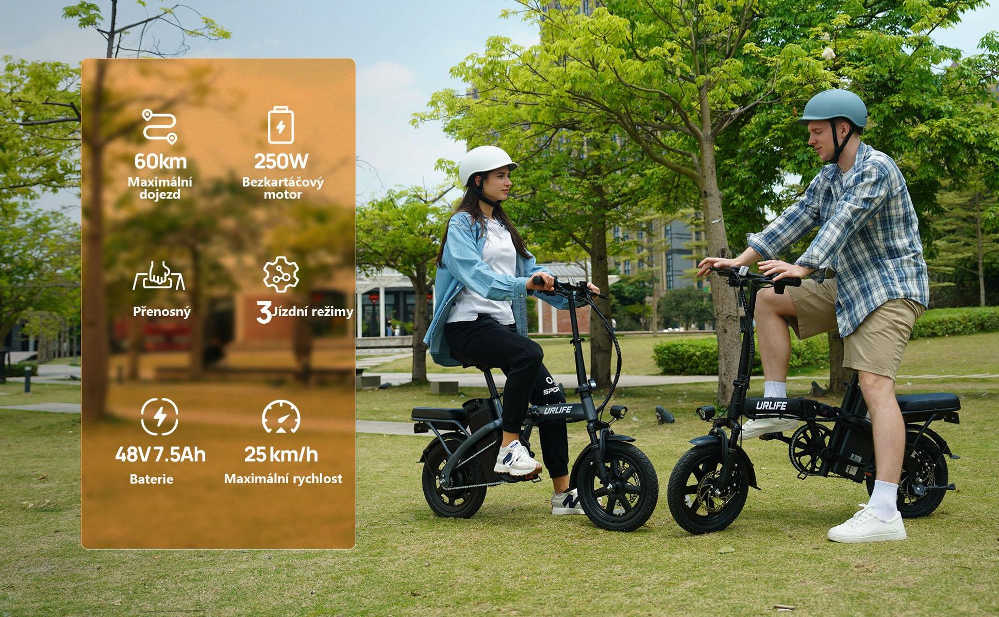 E-Bike URLIFE F1L - Motor 250W Baterie 48V 7.5Ah Pneumatiky  14 nohy Kotoučová Brzda - Černá