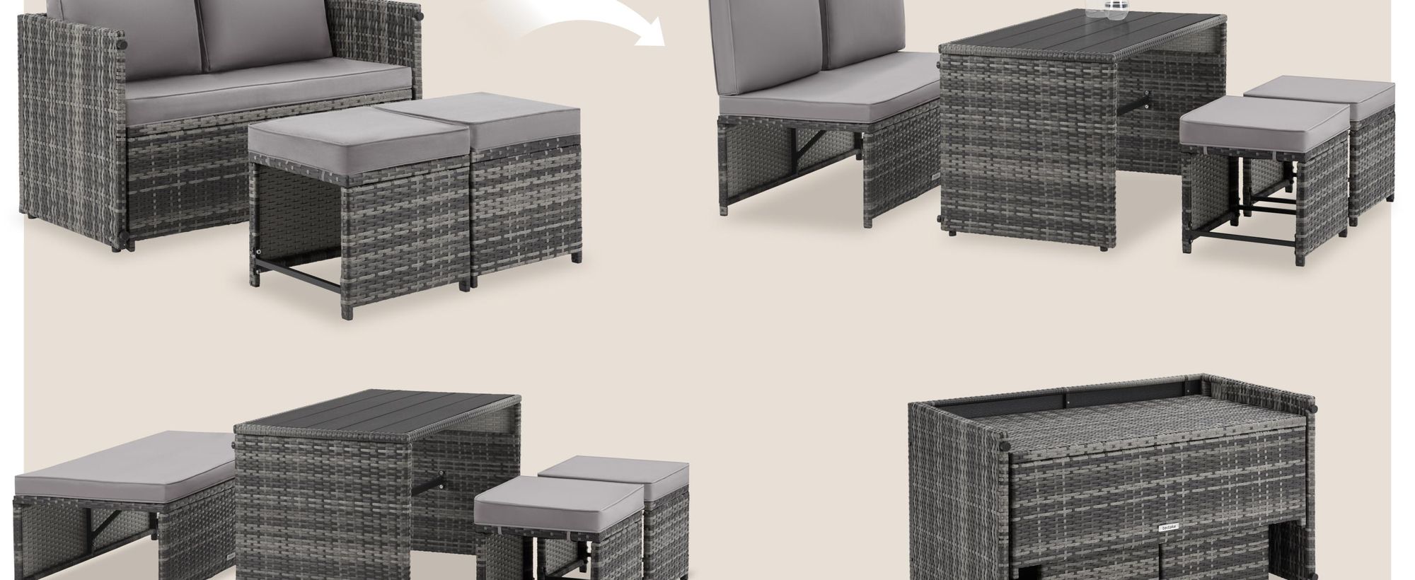 tectake 2in1 Rattanlounge-Set 4 Personen Sitzgruppe Polyrattan Gartenmöbel Sofa Tisch 2 Hocker Kissen Balkon Terrasse wetterfest 110x60cm