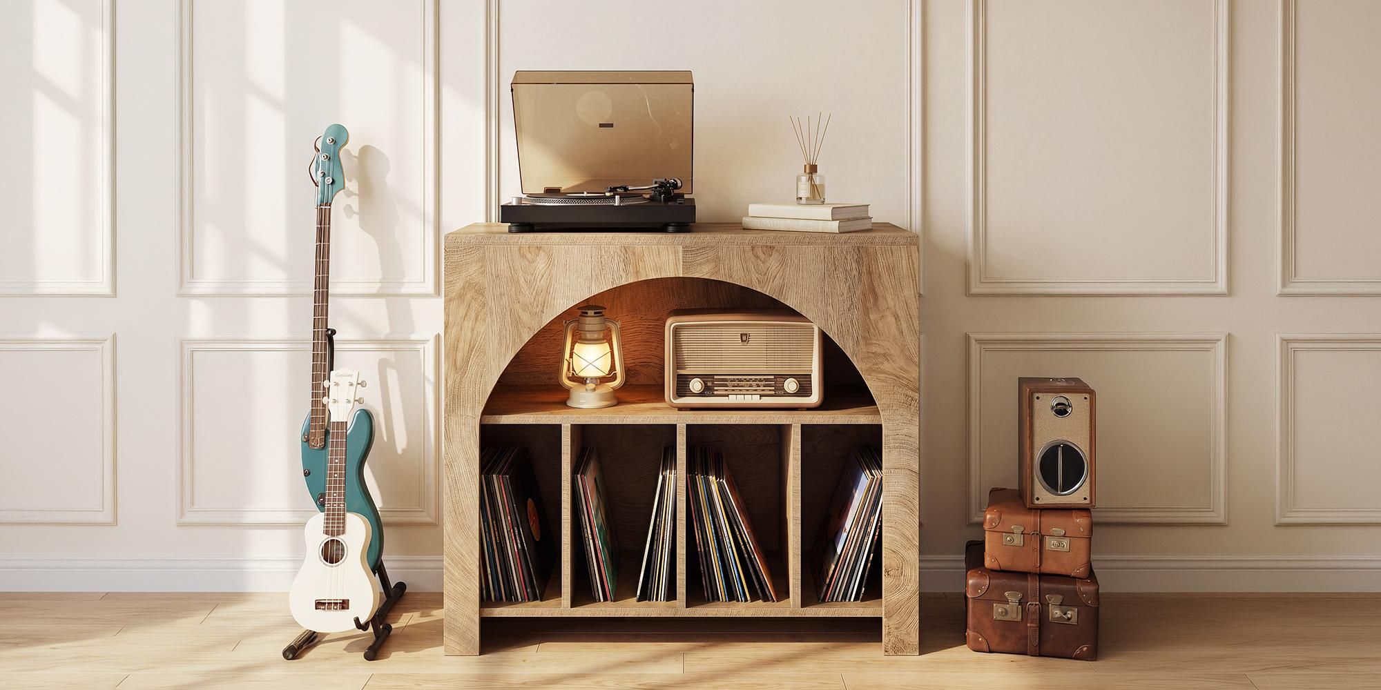 Beistelltisch, 80 cm Nachttisch für Schallplatten, 2-stöckiger  Plattenspielerständer für 370 Schallplatten, Vinyl-Schrank in halbkreisförmigem Design