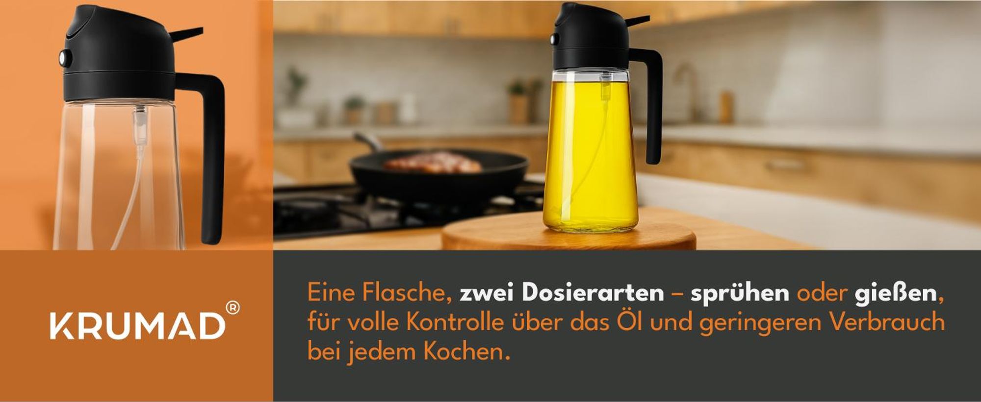 KRUMAD 2-er Set Ölspender 450 ml aus Glas – nachfüllbare Ölflasche mit Griff & PP-Deckel – Ausgießer für Öl, Essig & Küchenzubereitung, Ölkaraffe