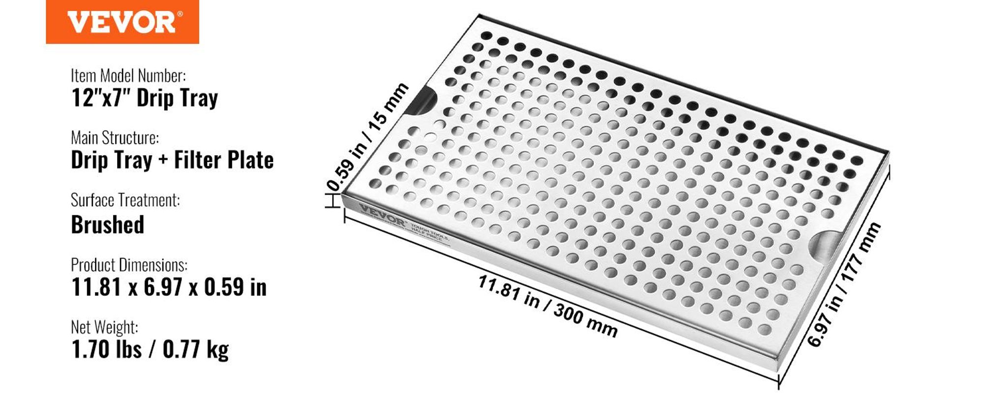 VEVOR 304  Edelstahl-Tropfschale, Bierabtropfschale mit 4 Rutschfesten Gummipads & Abnehmbarer Abdeckung, 300 x 180 x 25 mm Bar-Tropfschale Geeignet für Restaurants, Bars, Küchen, Café usw.