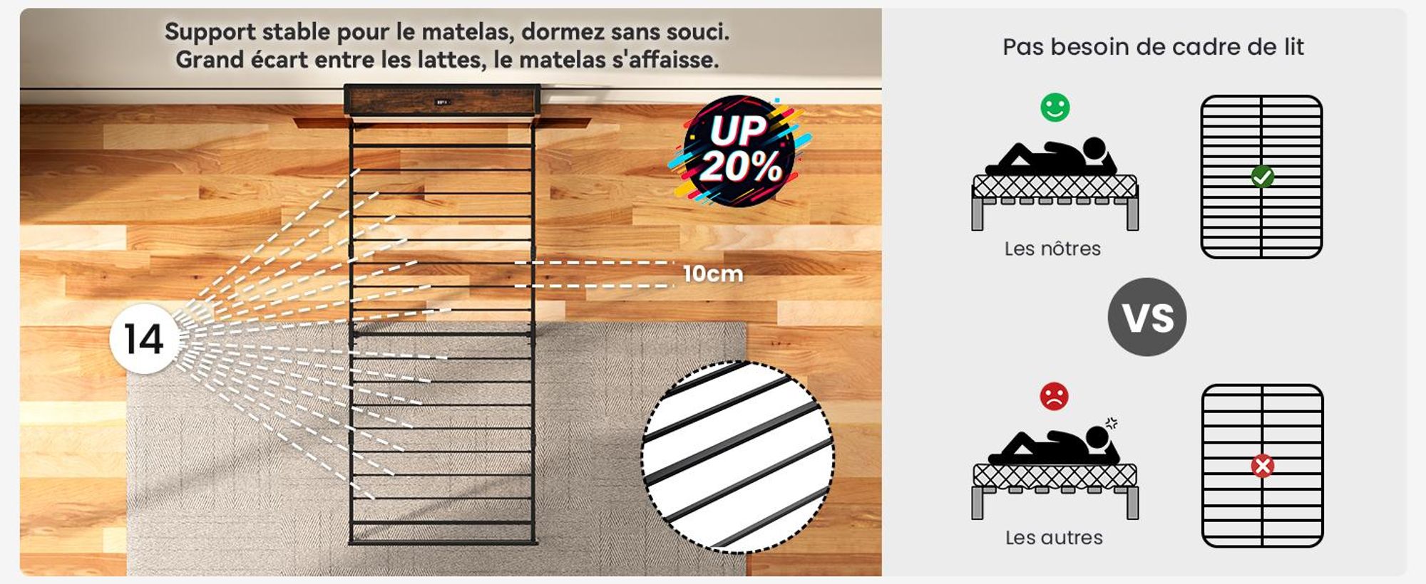 Lit 90 x 200 cm, sommier avec tête de lit à rangement et éclairage LED, 3 ports USB et 1 port Type-C, 14 rangées de lattes métalliques, espace de rangement sous le lit, marron