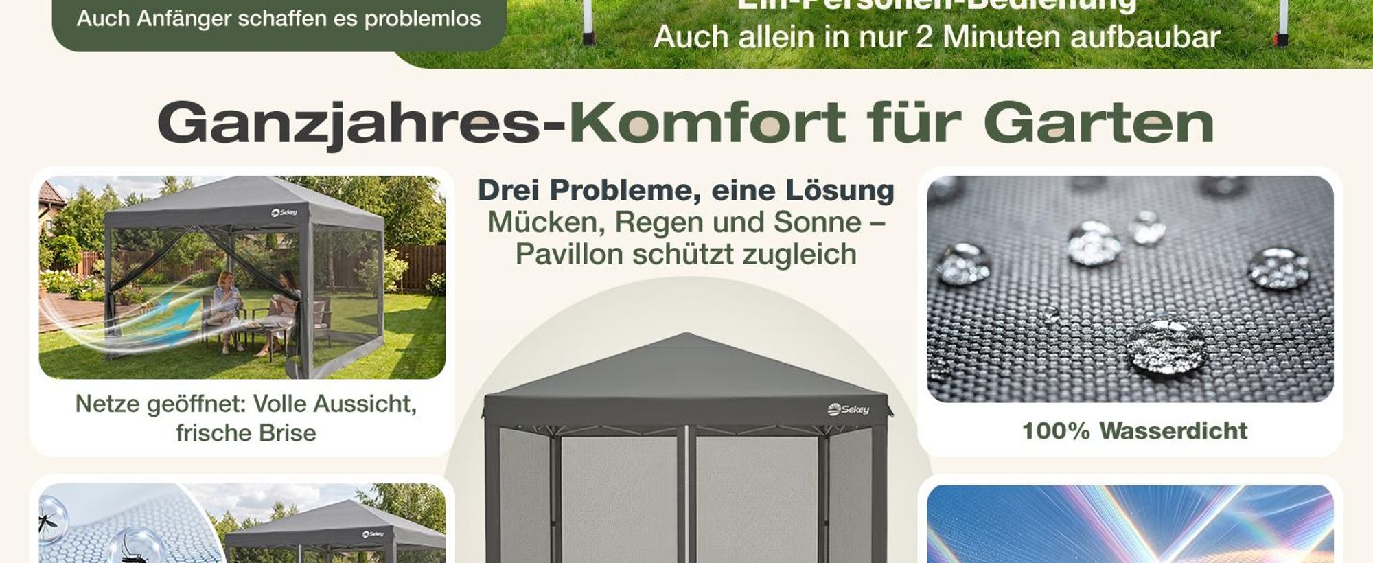 Sekey Faltpavillon 3x3m Pop Up Pavillon mit Moskitonetz, Wasserdichter Gartenpavillon höhenverstellbar inkl. 4 Sandsäcke für Garten Party Camping
