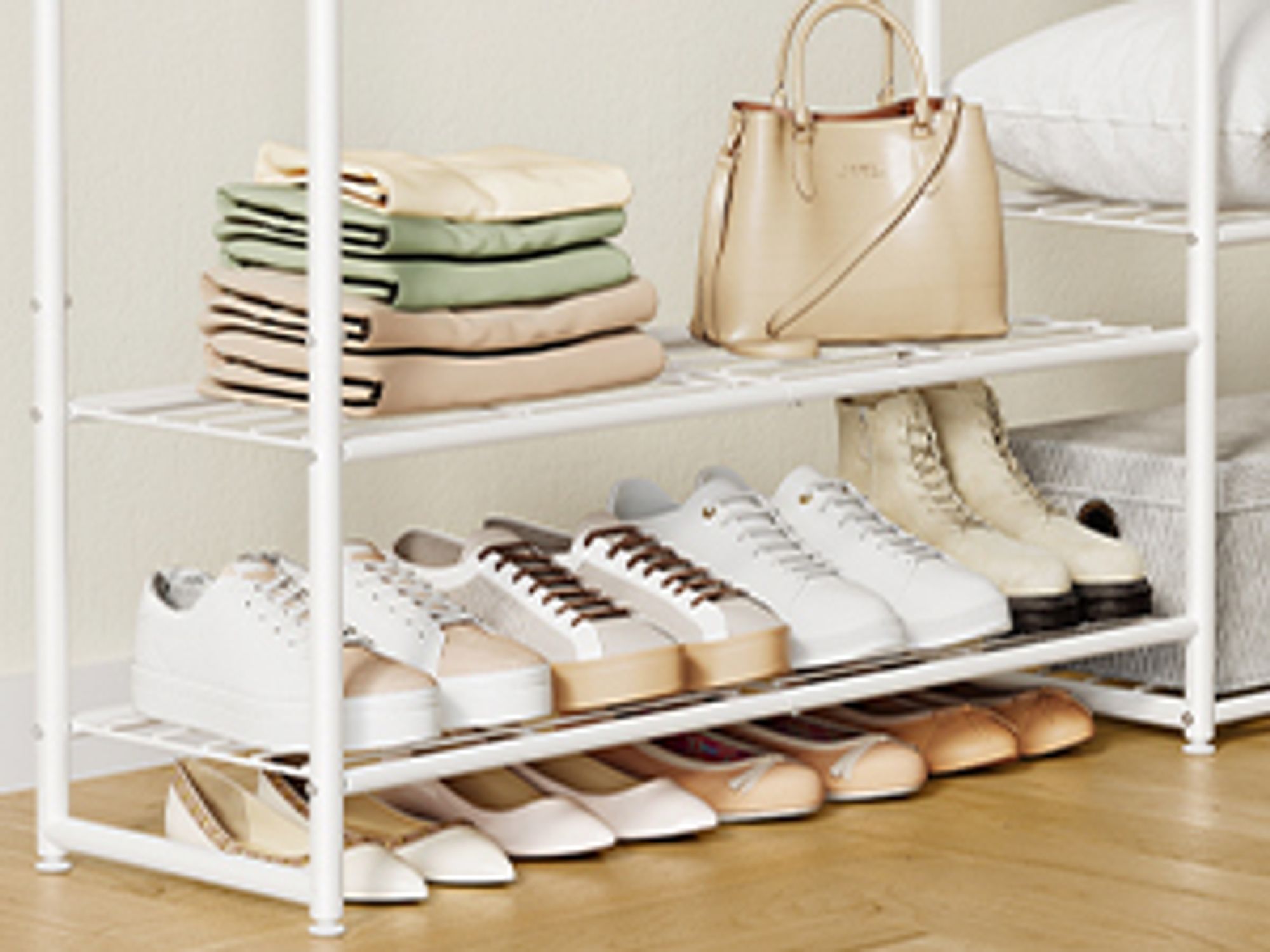 SONGMICS Kleiderständer, offener Kleiderschrank, Kleiderstange, Garderobenständer mit Ablagen, Garderobe aus Metall, freistehend,  mattweiß
