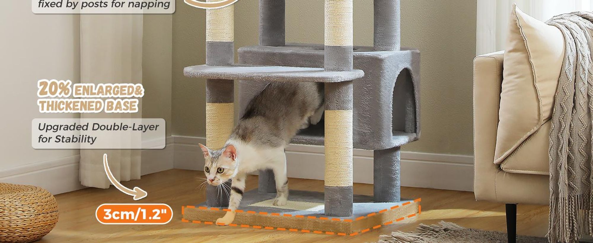 PURPURRA Robuster Kratzbaum für große Katzen, 200 cm hoher Katzenturm mit 2 Sitzstangen, 2 Höhlen und geräumiger Hängematte, XL extra große Höhle