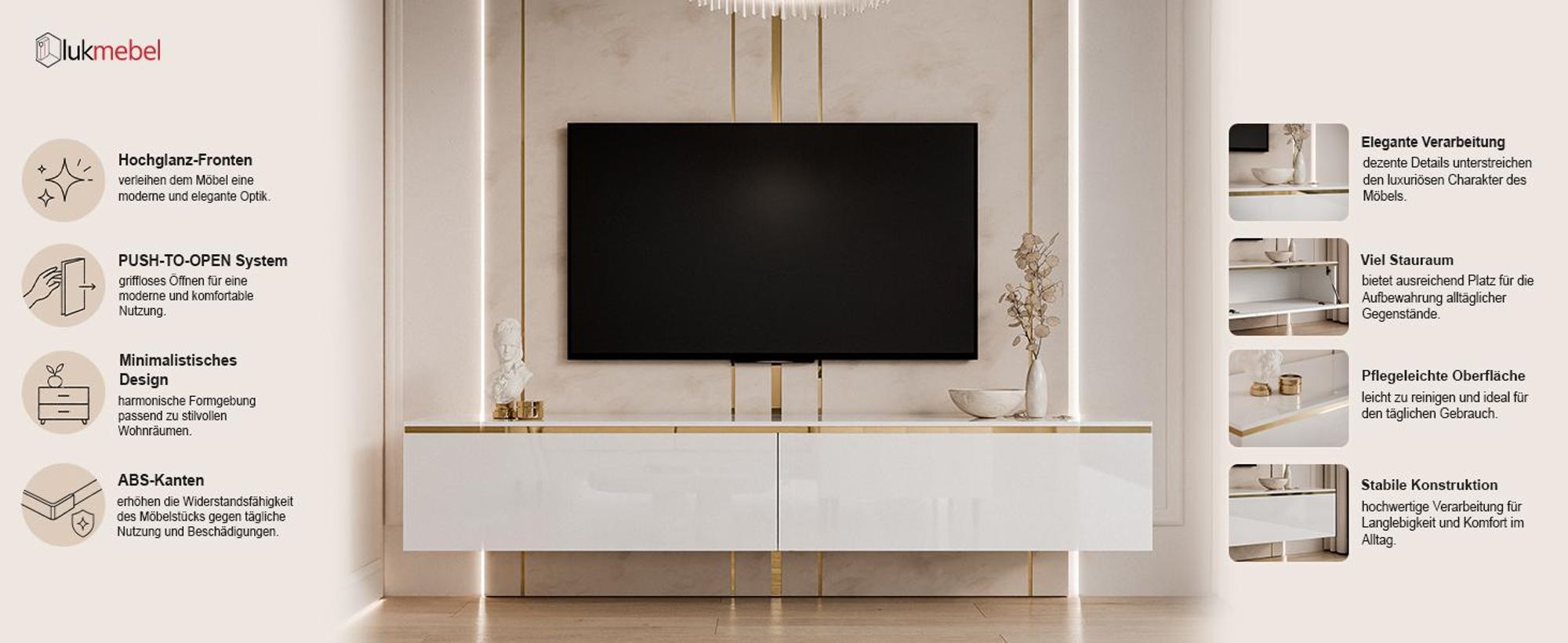 AURORA hängende RTV Wohnwand Weiß / Weiß hochglanz mit LED