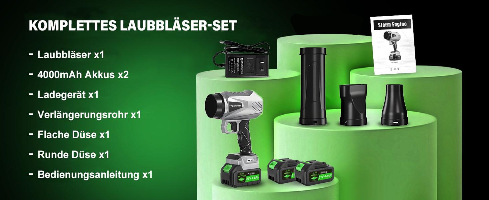Akku Laubbläser, Handgebläse mit Turbostrahl 65m/s, 400CFM, Bürstenloser Motor, 2×4000mAh Akku, Leicht, Kabellos, Garten, Terrasse, Autoreinigung