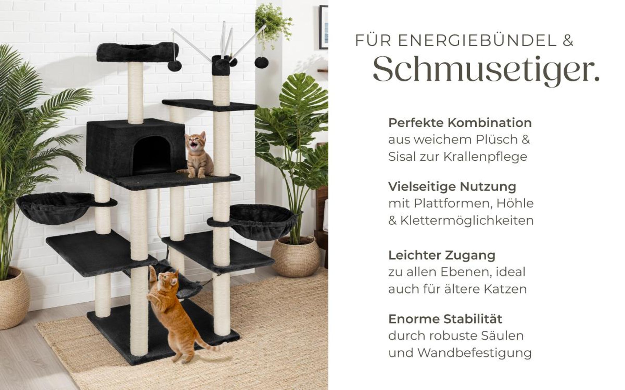 tectake® Kratzbaum Lilou 165 cm inklusive 4 Spielbällen, Kordel und Kippschutz