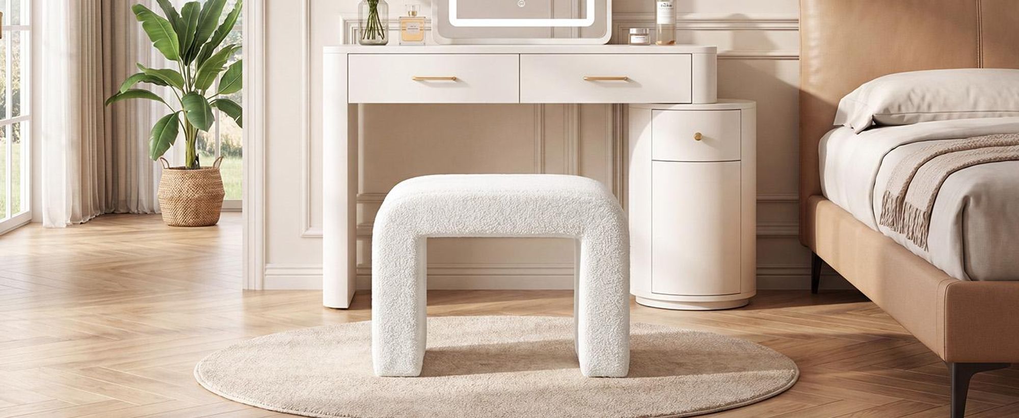 Tribesigns Schminktisch Hocker, Fußstütze Hocker Ottoman, 60 x 35 x 45 cm. Fußhocker mit Sherpa-Polsterung, Make-up Eitelkeits Beistelltisch