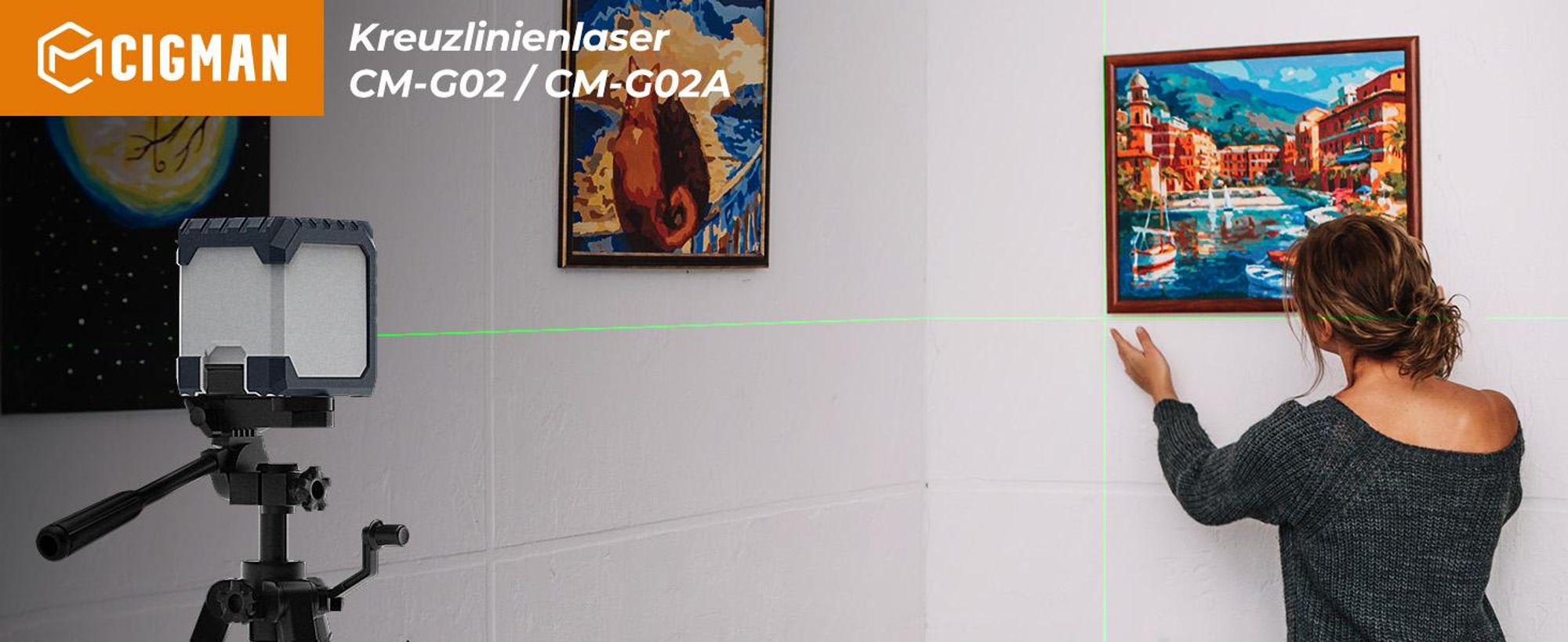 CIGMAN CM-G02A Kreuzlinienlaser Grün 30m, Selbstnivellierend, USB-C Akku