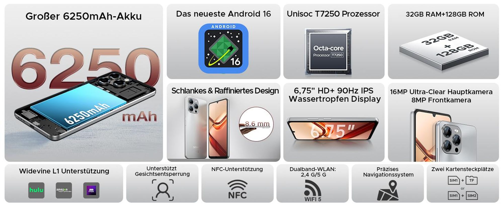 DOOGEE Note 58 Smartphone Handy, Android 16, 6,75" 90Hz, 6250mAh Akku, 32GB RAM+128GB ROM, 4G, 16MP, NFC, Gesichtserkennung, ohne Vertrag
