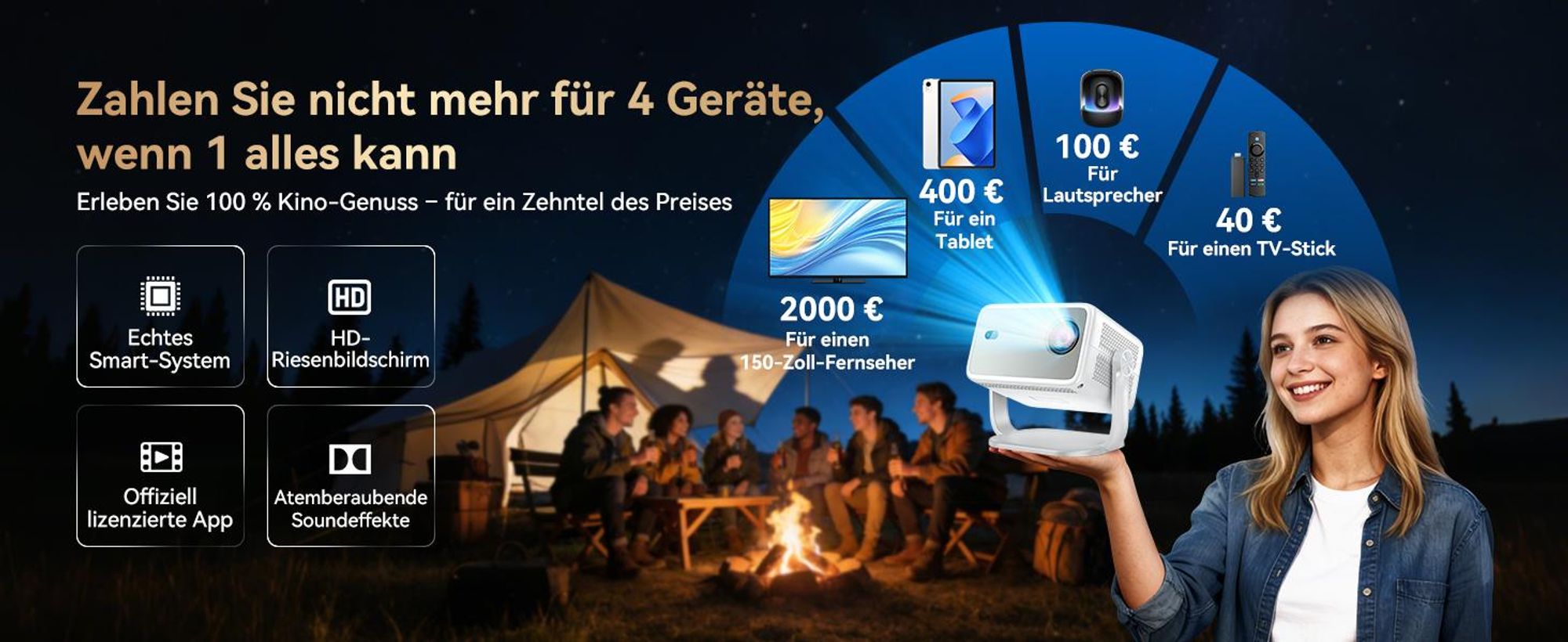 Blackview Huidun PT10 Beamer, 25000 Lumen, 1080P Native, 4K, Google TV, 360° Deckenprojektion, KI Autofokus, WiFi 6, 10W HiFi, Tragbares Heimkino