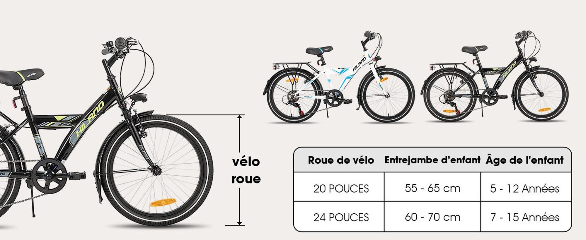 Vélo tout-terrain pour enfants HILAND Rocket 20 pouces, VTT pour garçons avec dérailleur Shimano à 6 vitesses, éclairage et porte-bagages, noir