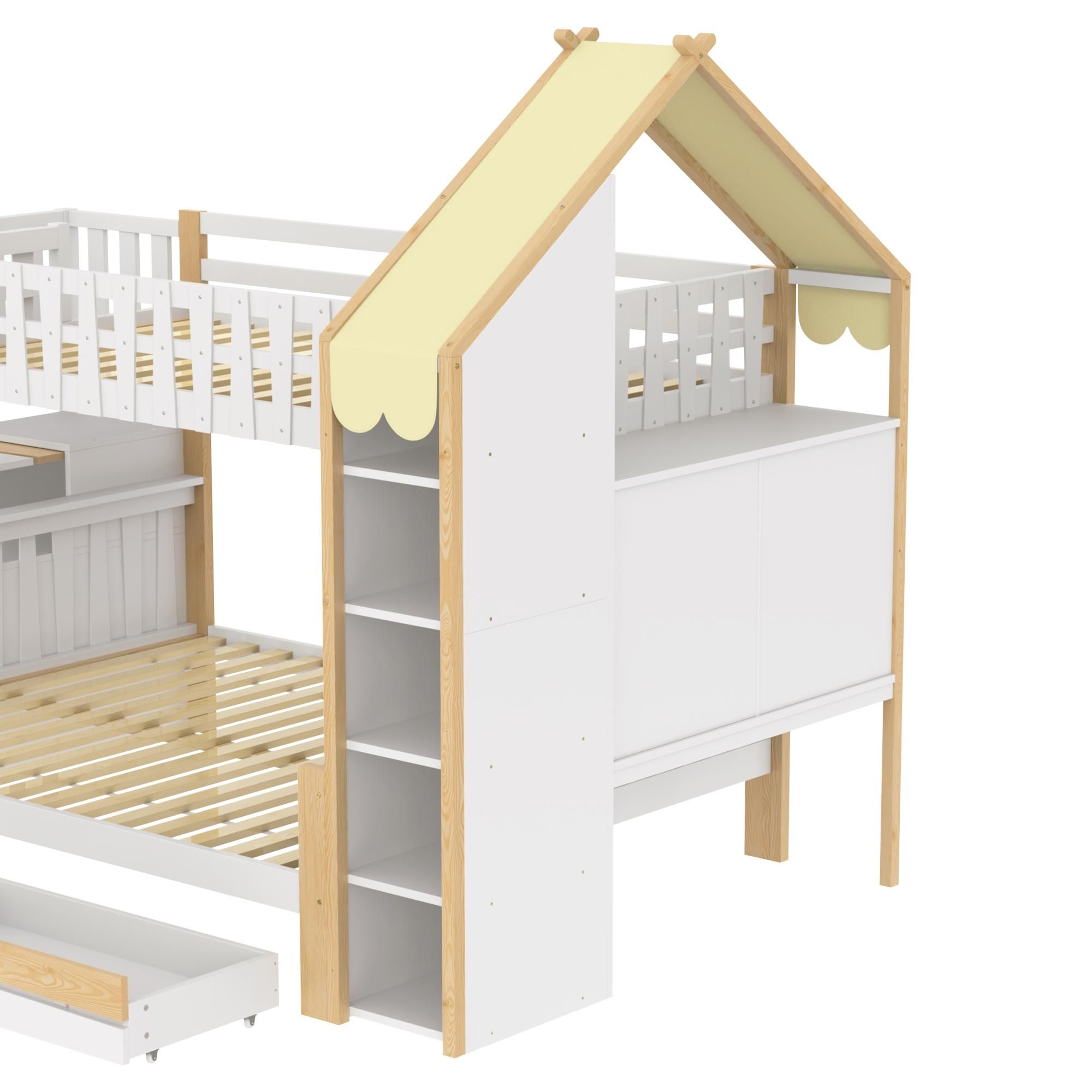 Flieks Etagenbett 90x200cm / 140x200cm, Kinderbett Hochbett mit Schubladen, Hausbett mit seitlichem Regal, Stockbett Holzbett 2 Kinder, Naturbelassen