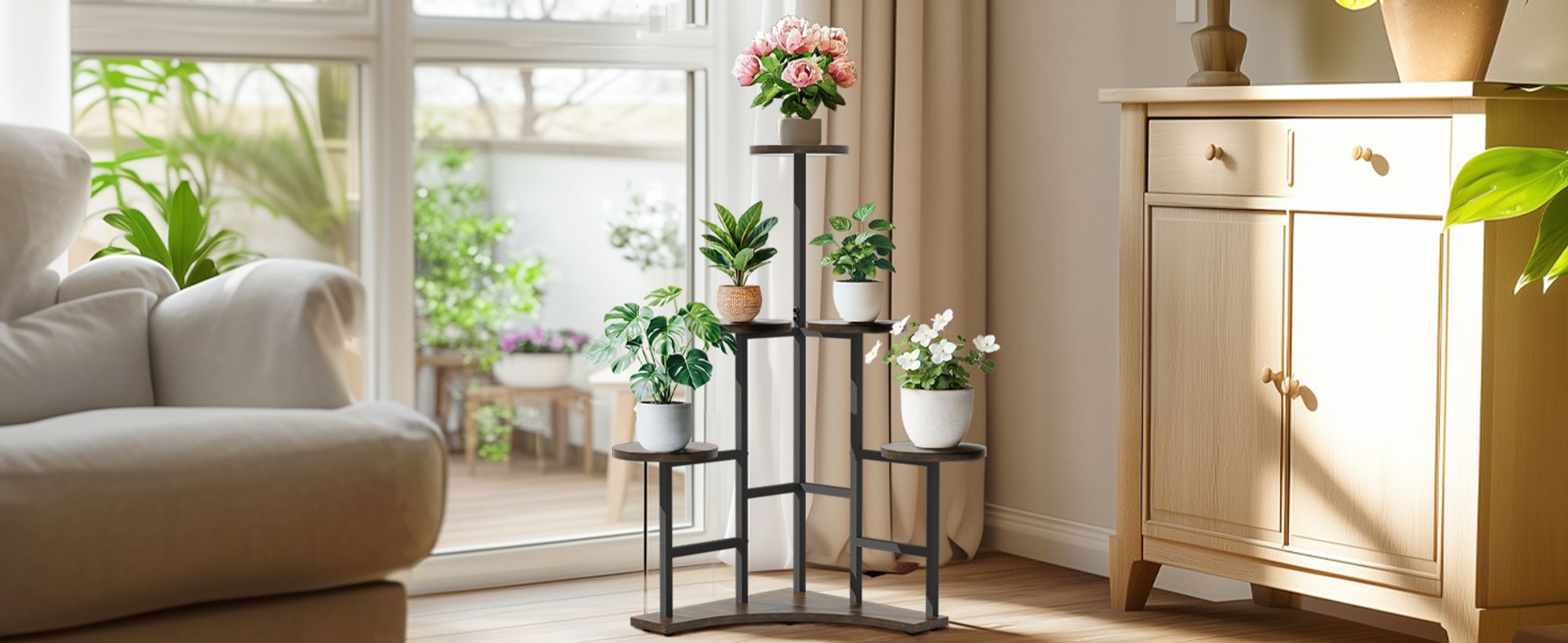 unho Blumentreppe 6 Ebenen, Blumenständer Indoor, Ecke Pflanzenregal Blumenregal Pflanzenständer Metall für Balkon, Garten, rustikal, 50 x 108cm