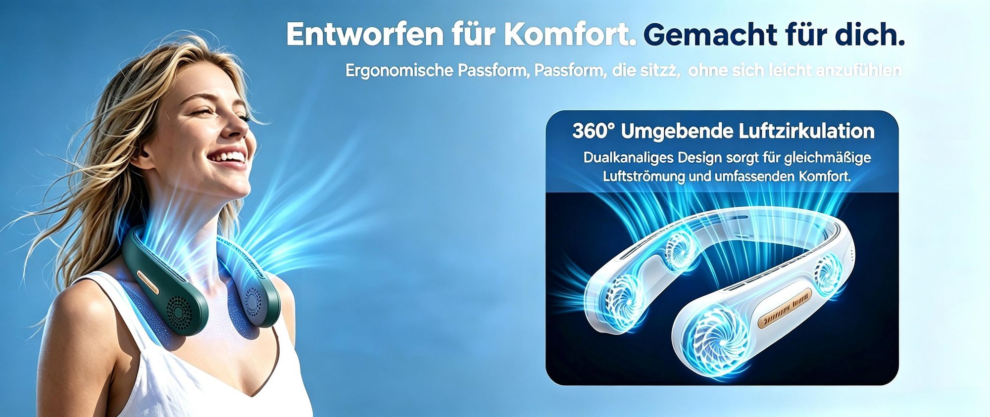 Nackenventilator, Halsventilator, blattlos, leise, USB, 4000mAh, 3 Stufen, 4Turbinen, 360° Luftstrom, für Reisen & Büro(Grün)
