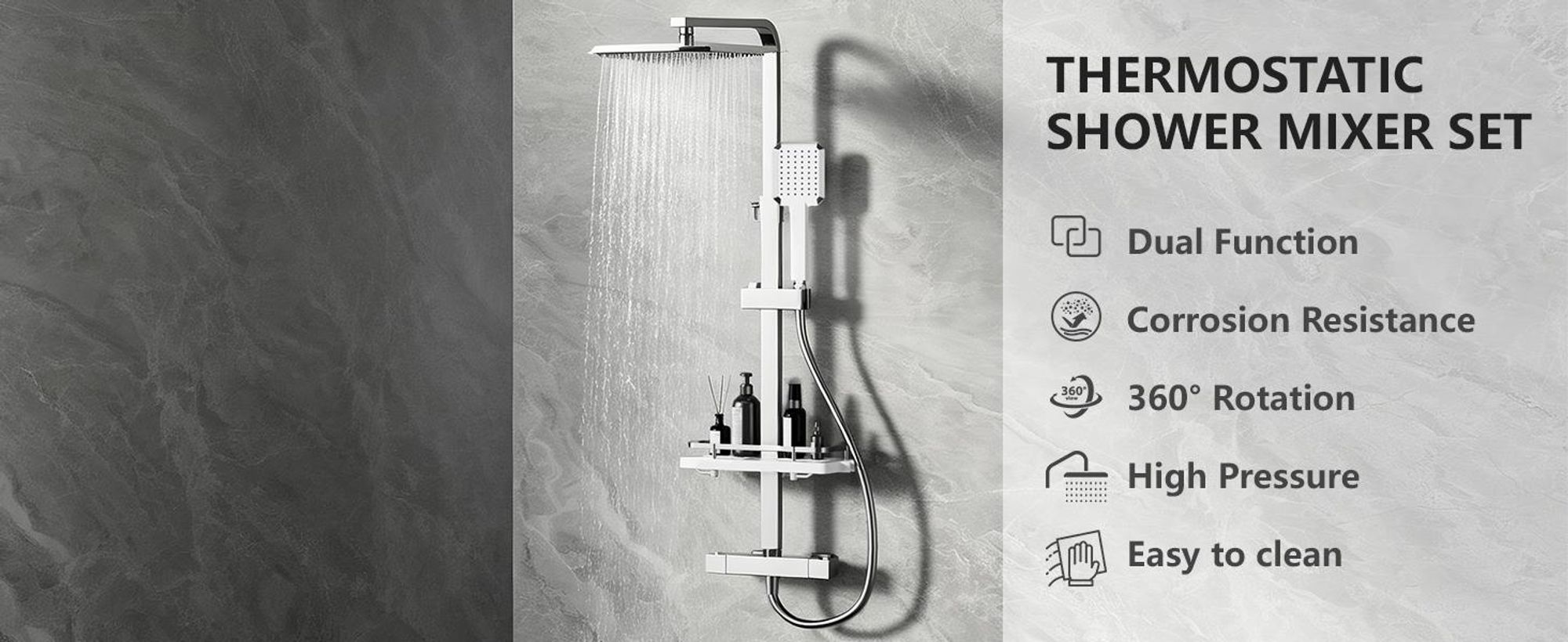 STANEW thermostatische douchekolom, wandgemonteerde douchekolom met plank, douchekolom voor de badkamer, met in hoogte verstelbare mengkraan