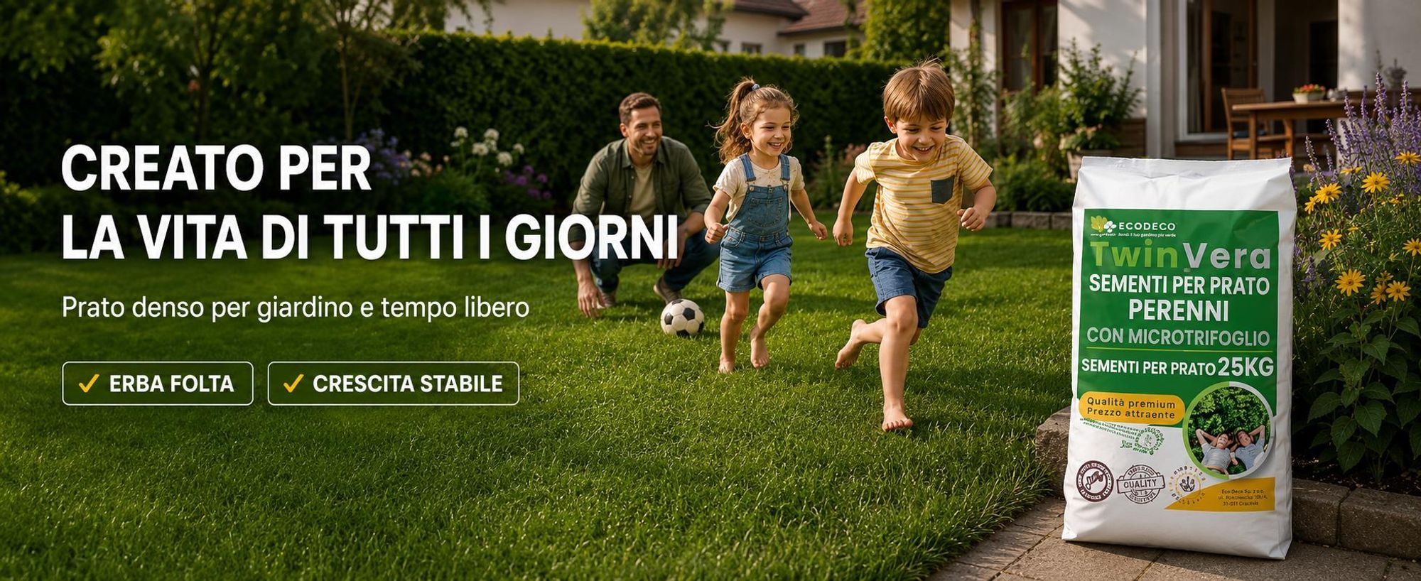 EcoDeco semi per prato con microtrifoglio, semi prato resistenti al calpestio, miscela universale 25 kg per prato fino a 1000 m2