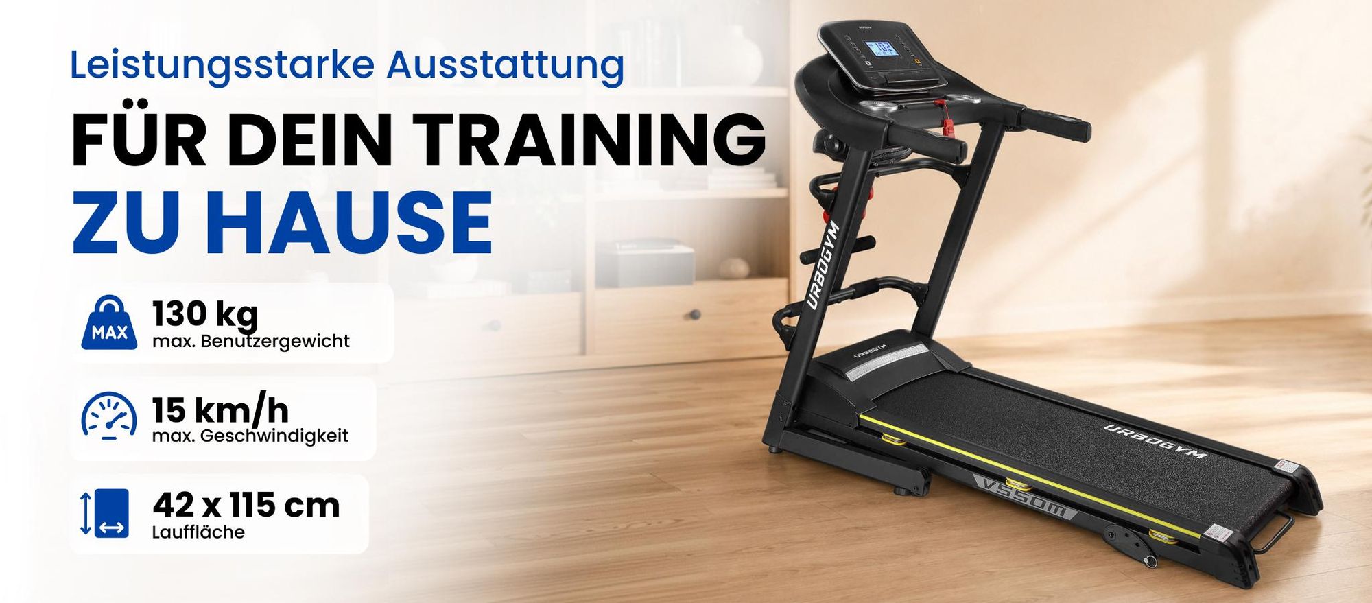 URBOGYM V550M elektrisches Laufband mit Massagegurt, Bauchtrainer, 15 km/h, 130 kg, 12 Programme, FITSHOW-App, klappbar