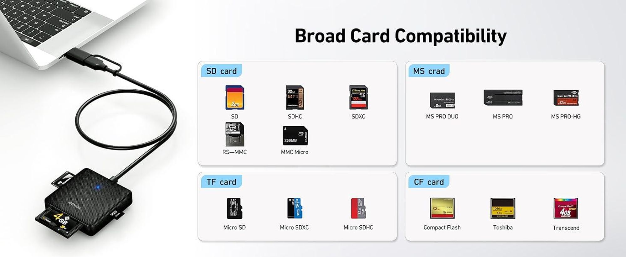 BENFEI Kartenlesegeräte 4in1 Kartenleser USB 3.0 C auf SD Micro SD MS CF
