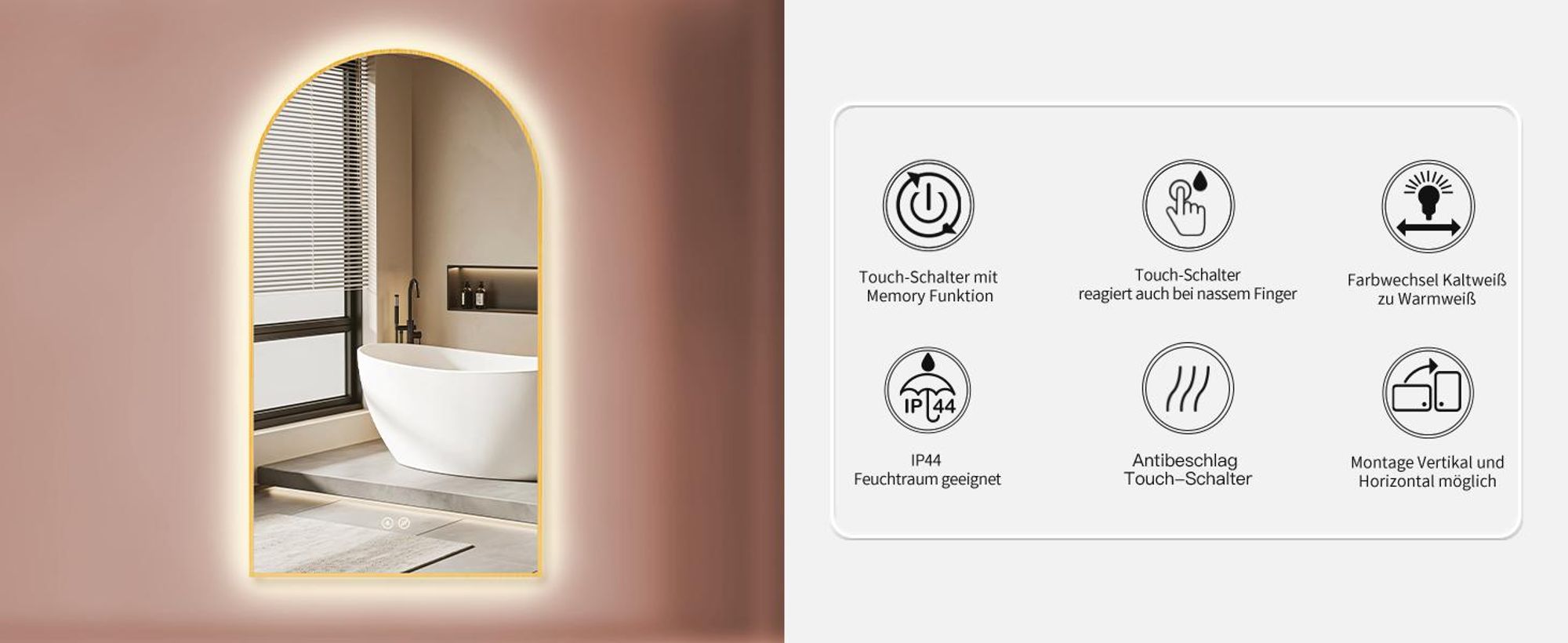 HOKO® LED Badspiegel Bogen Beschlagfrei 50x90 cm / 90x50 cm San Diego mit Goldener Metallrahmen, HOCH+QUER Montage. Arch+Touch Schalter+Licht Wechsel