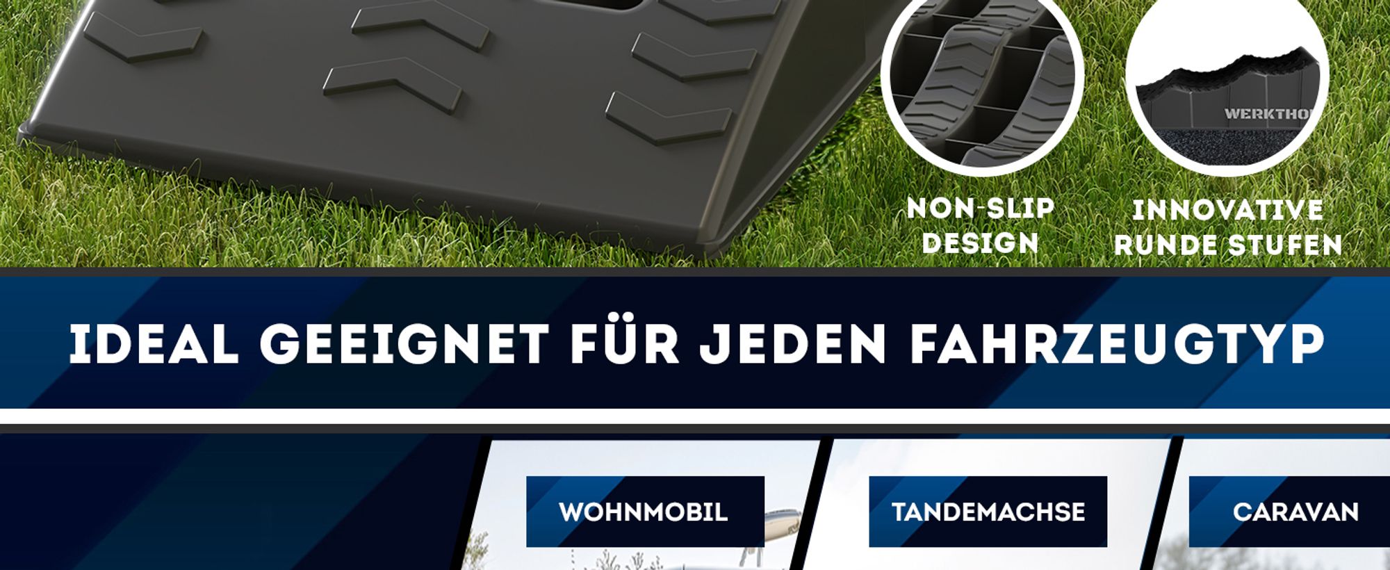 WERKTHOR Auffahrkeile - [2er Set] Auffahrkeile für Wohnmobil, Wohnwagen & Anhänger - Nivellieren für jeden Untergrund <3t