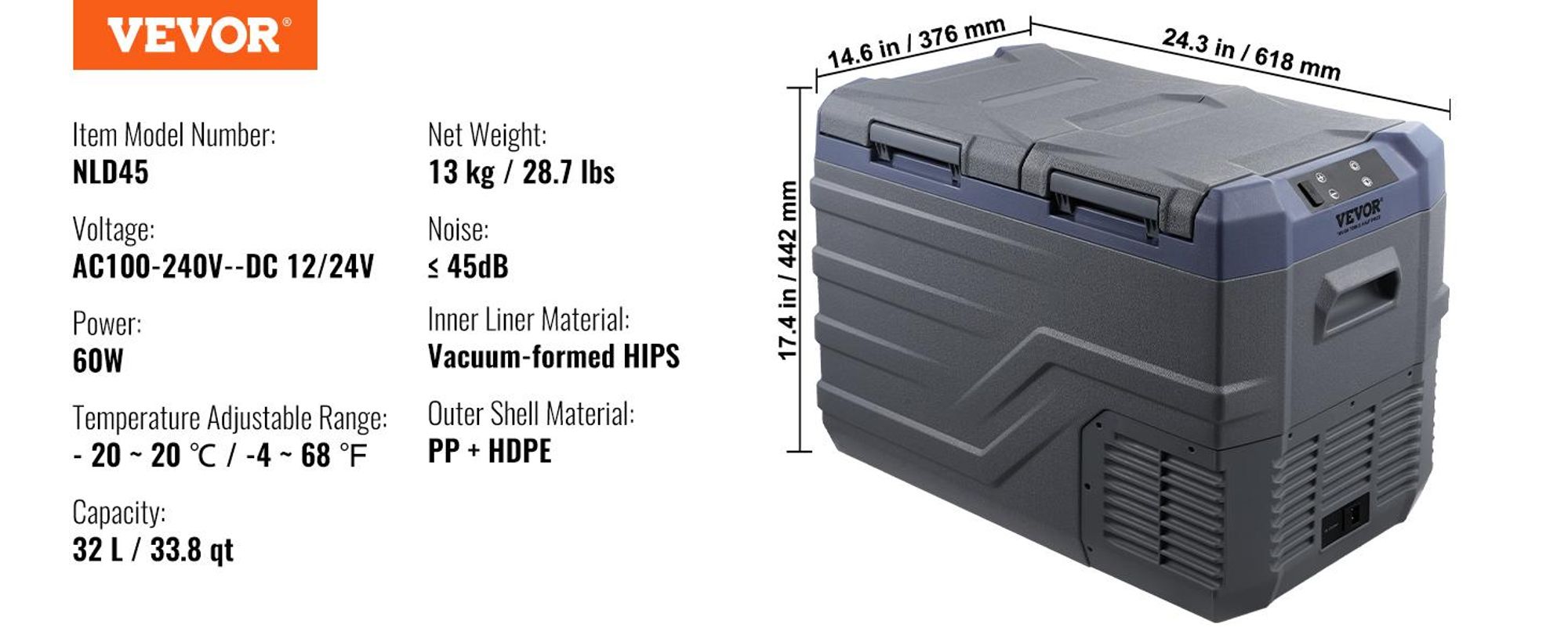 VEVOR Autokühlschrank, tragbarer 32-Liter-Gefrierschrank mit zwei Zonen, 12-Volt-Autokühlschrank, einstellbarer Bereich von -4℉ bis 68℉, 12/24 V DC und 100-240 V AC-Kompressorkühler für Outdoor, Camping, Wohnmobil