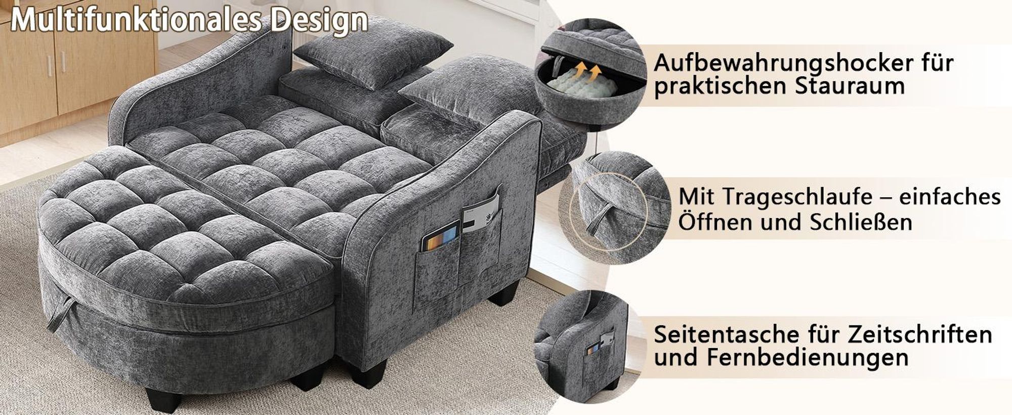 MODFU Multifunktionales Sofa Schlafsofa mit Aufbewahrungs-Hocker,Relaxsofa mit rutschfeste Kunststoffbeine,Dunkelgrau