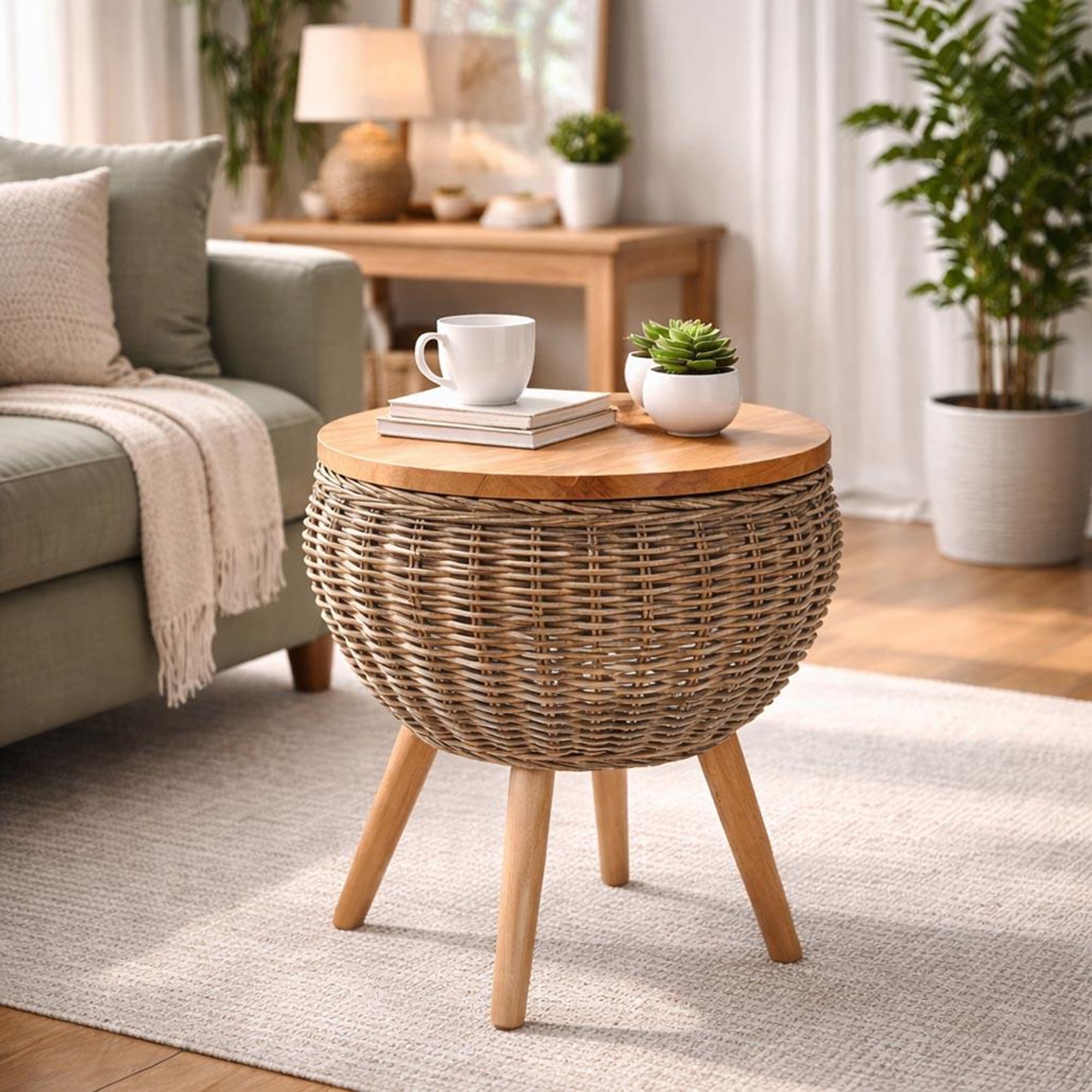 Kobolo stylischer Beistelltisch rund Holz ALINA aus grauem Mahagoni und Rattan | Couchtisch Wohnzimmertisch Sofatisch Nachttisch Tisch Holztisch Table