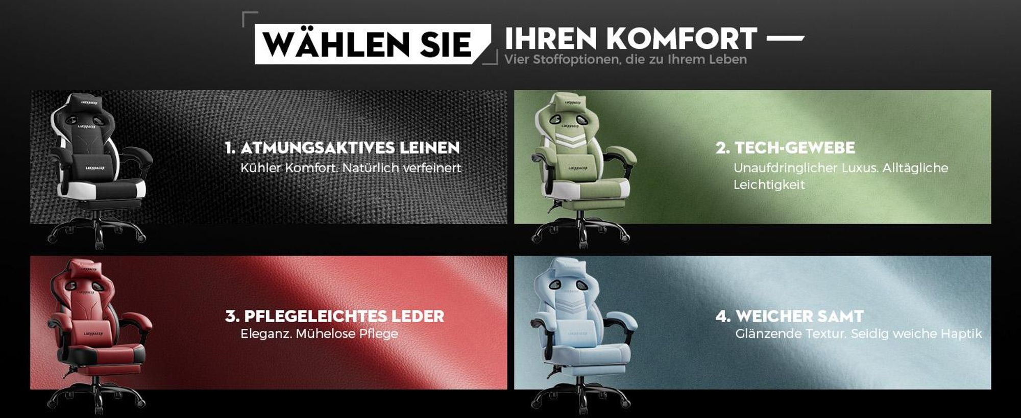 LUCKRACER Gaming stoel, bureaustoel met verbonden armleuningen, memory foam kussens, een kantelbereik van 90–155° en een voetsteun, gemaakt van duurzaam materiaal