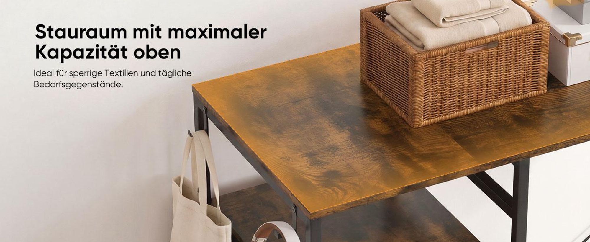 HOKEEPER Kleiderständer, offener Kleiderschrank, Kleiderständer auf Rollen, Kleiderstange, fahrbarer Kleiderständer mit Schubladen, Haken, Braun