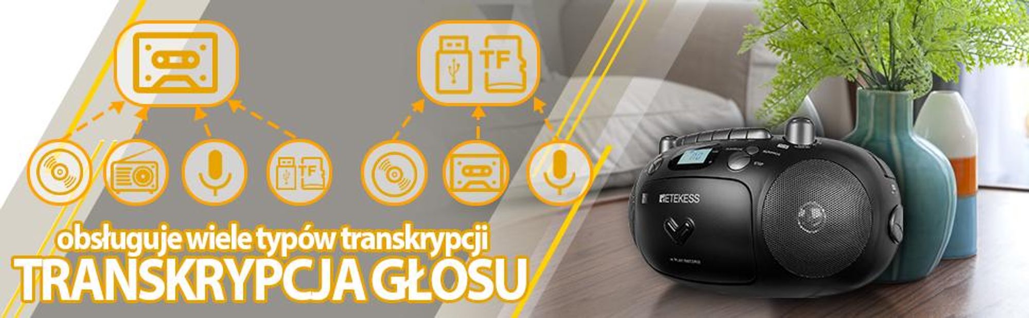 Retekess TR630 Radio z CD, Boombox z kasetą, Radio na baterie, Wyświetlacz LCD, Dźwięk stereo, USB SD TF, Odtwarzacz CD na kemping na zewnątrz