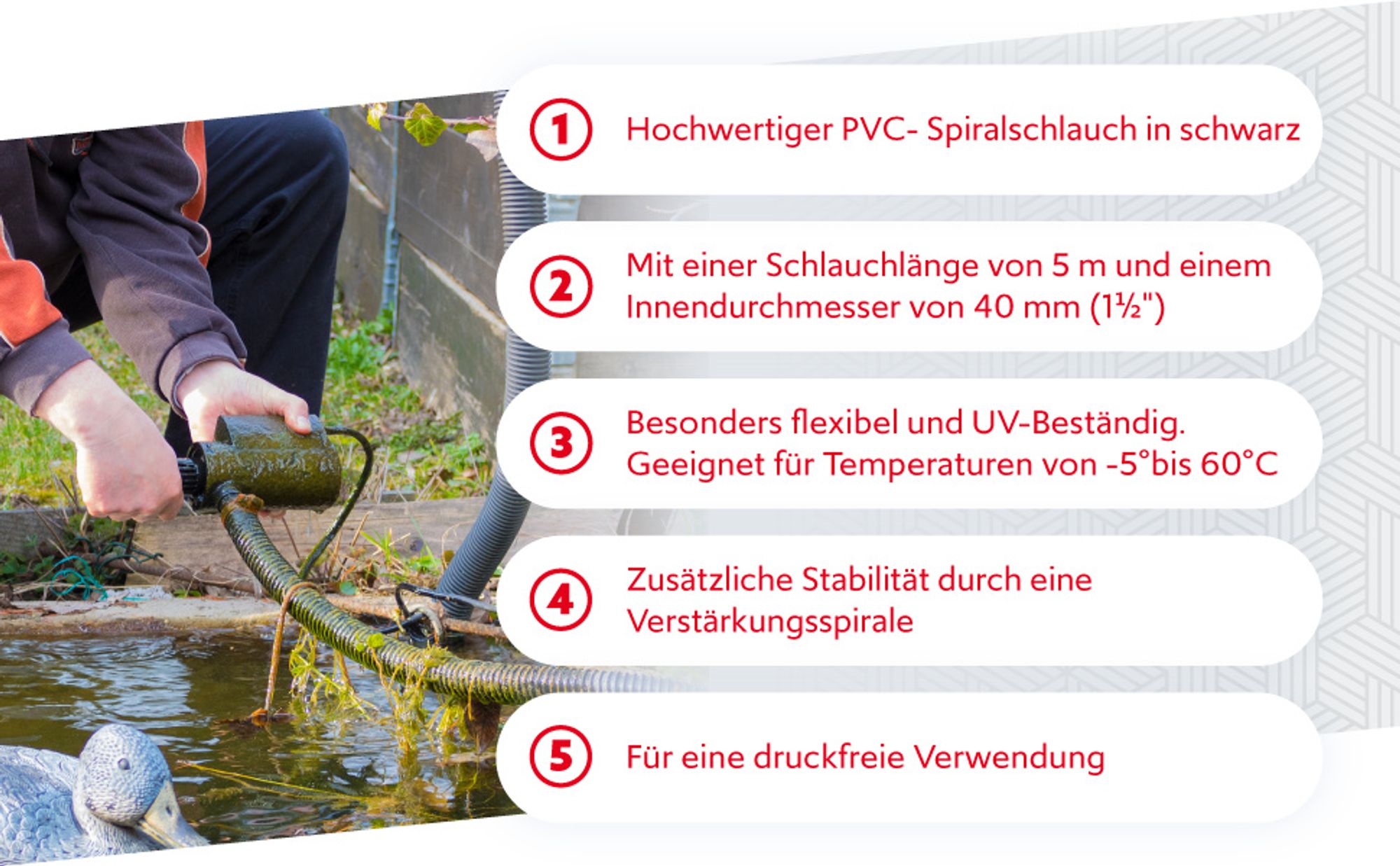 Wiltec Flexibler Förderschlauch 5m Spiralschlauch 40mm (1 1/2") schwarz mit Verstärkungsspirale Bewässerung Wasser Teich