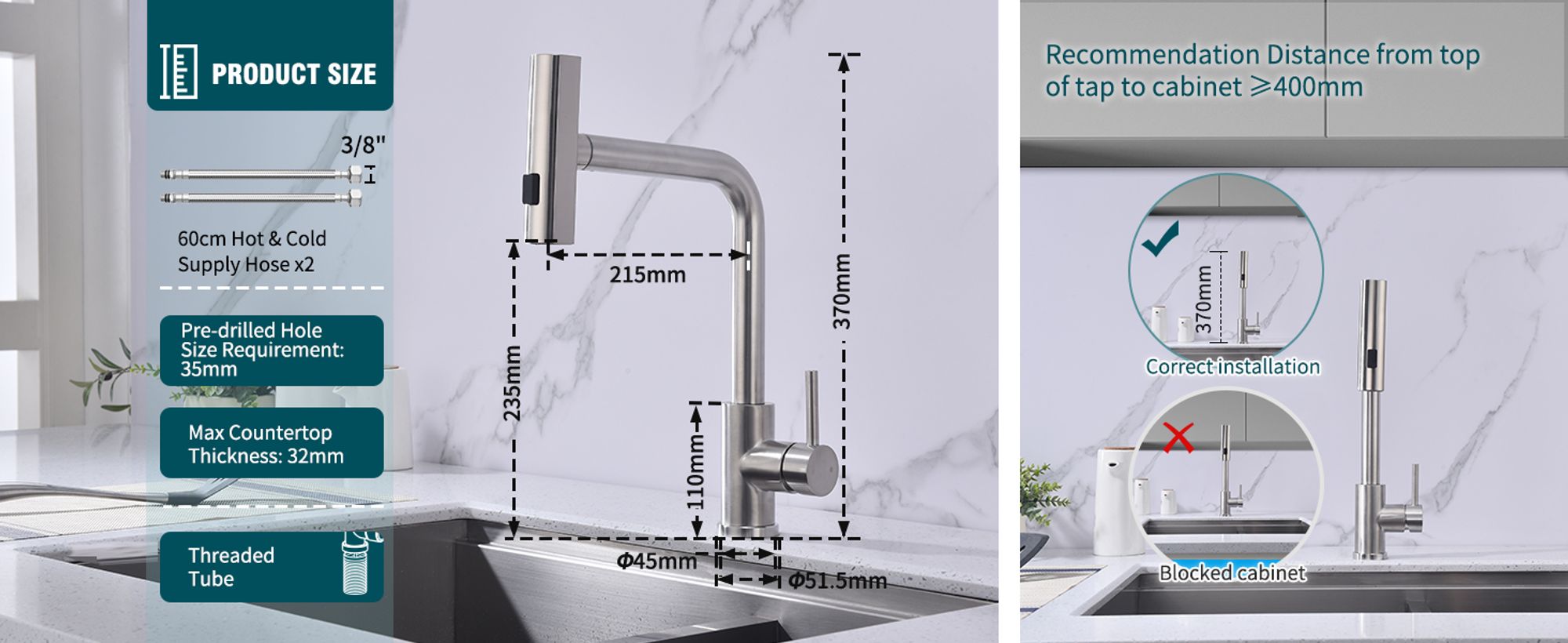 Homelody Küchenarmatur Edelstahl – 360° Schwenkbare Ausziehbare Spültischarmatur mit 3-Funktion-Brause, Wasserhahn Küchen für Flexibles Arbeiten