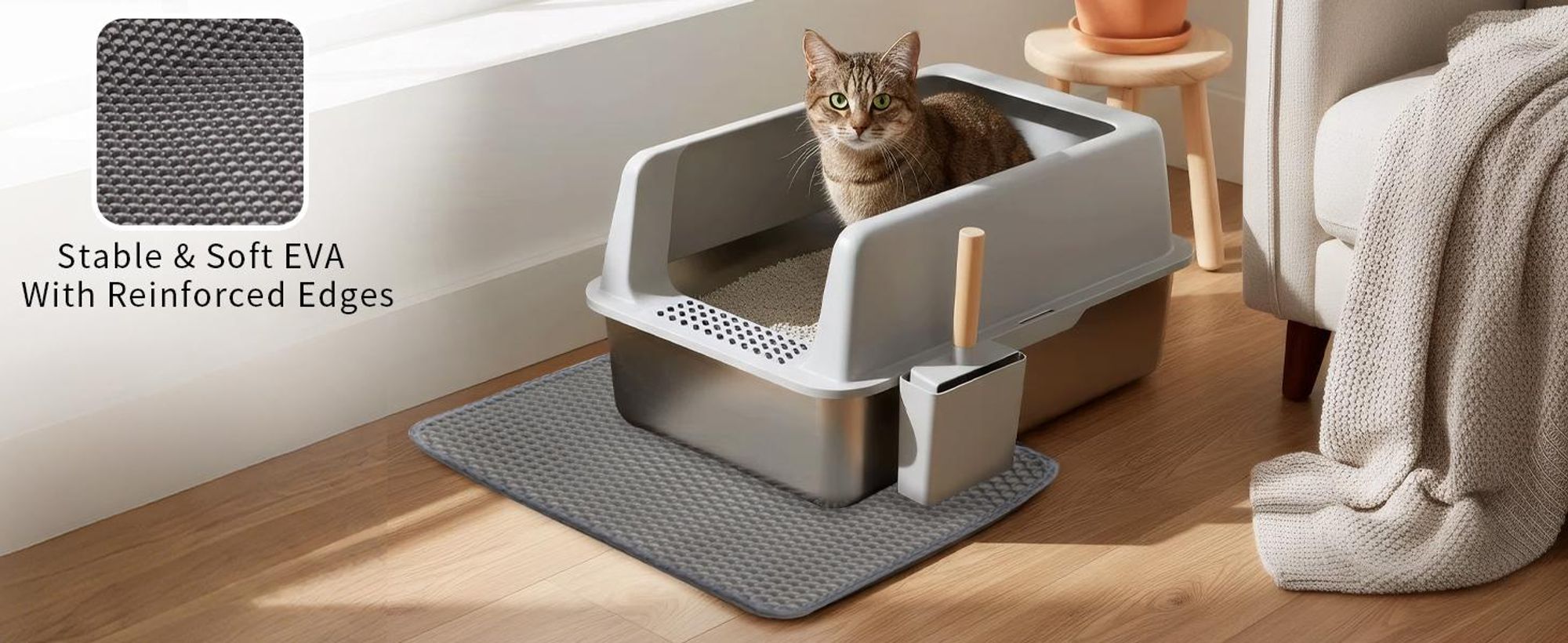 WISFOR Katzentoilette Edelstahl, Katzenklo ohne Deckel, XXL Katzentoilette offen mit Schaufel Katzenklo Matte, Schalentoilette Katze, 60 x 40 x 31 cm