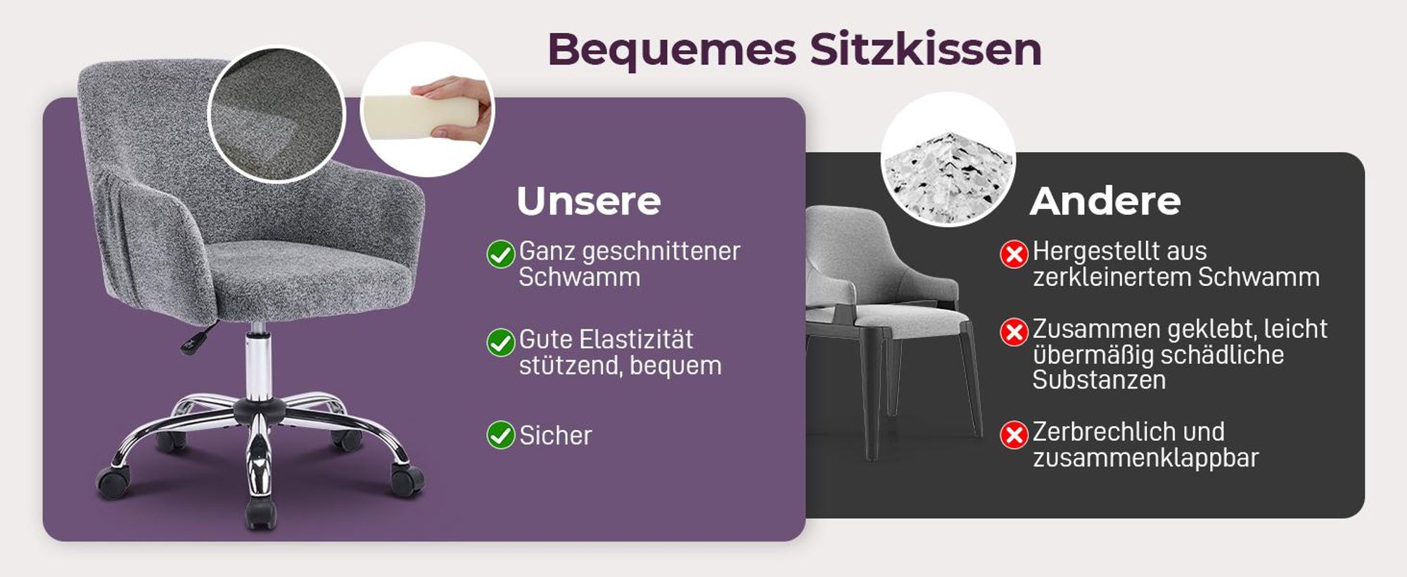 Schreibtischstuhl mit Armlehnen, Drehstuhl mit Rollen, Bürodrehstuhl, Polsterstuhl, Grau