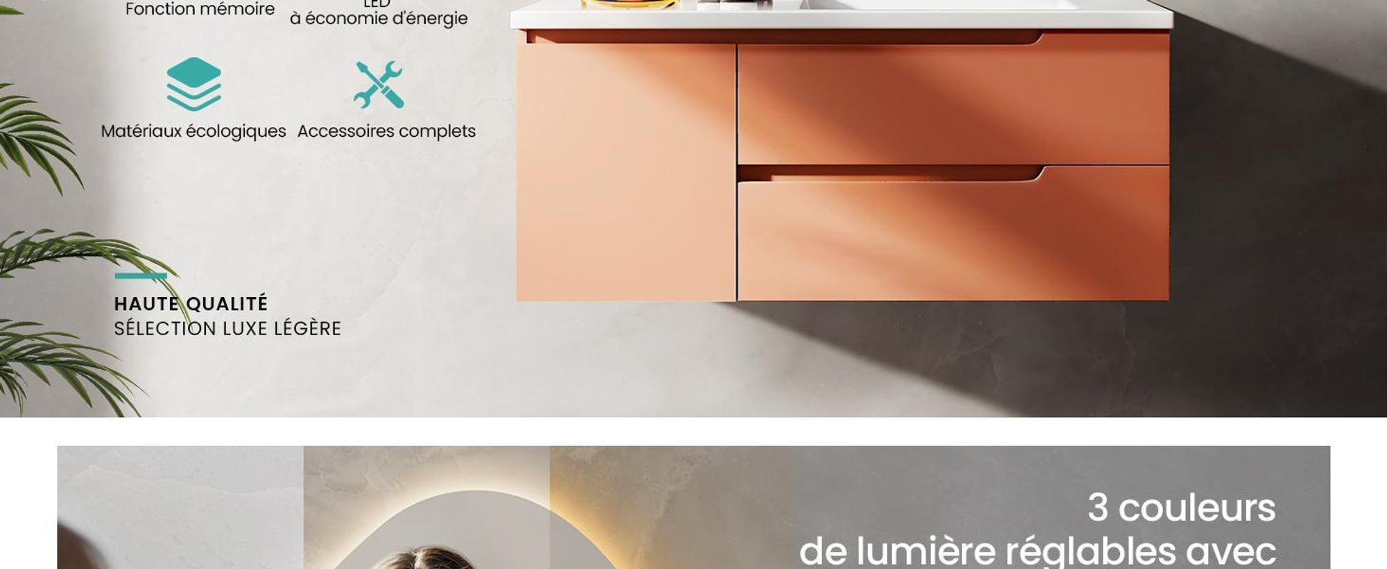 EMKE Miroir de salle de bain avec éclairage 80 x 60 cm Miroir de salle de bain asymétrique, miroir de salle de bain avec 3 couleurs de lumière Variable, antibuée, interrupteur tactile