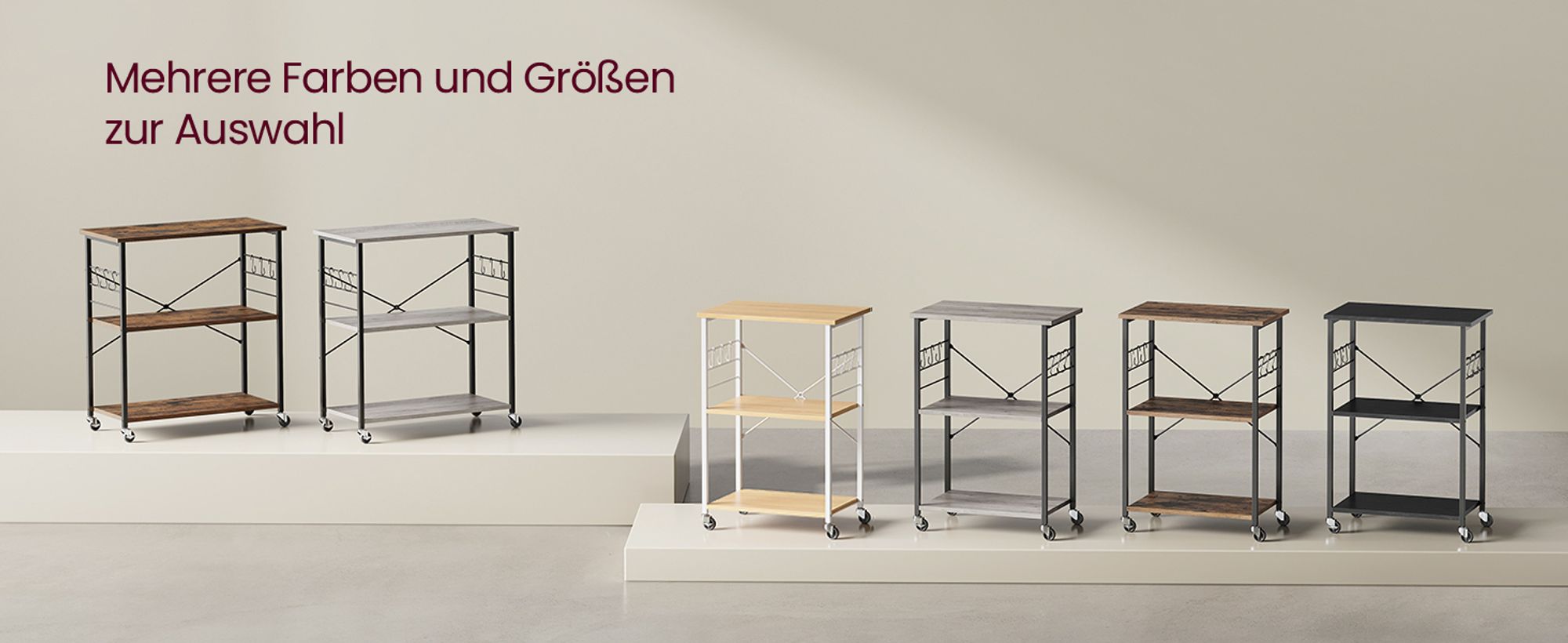 VASAGLE Küchenwagen mit 3 Ebenen, 6 Haken, 40 x 80 x 89 cm, Vintagebraun