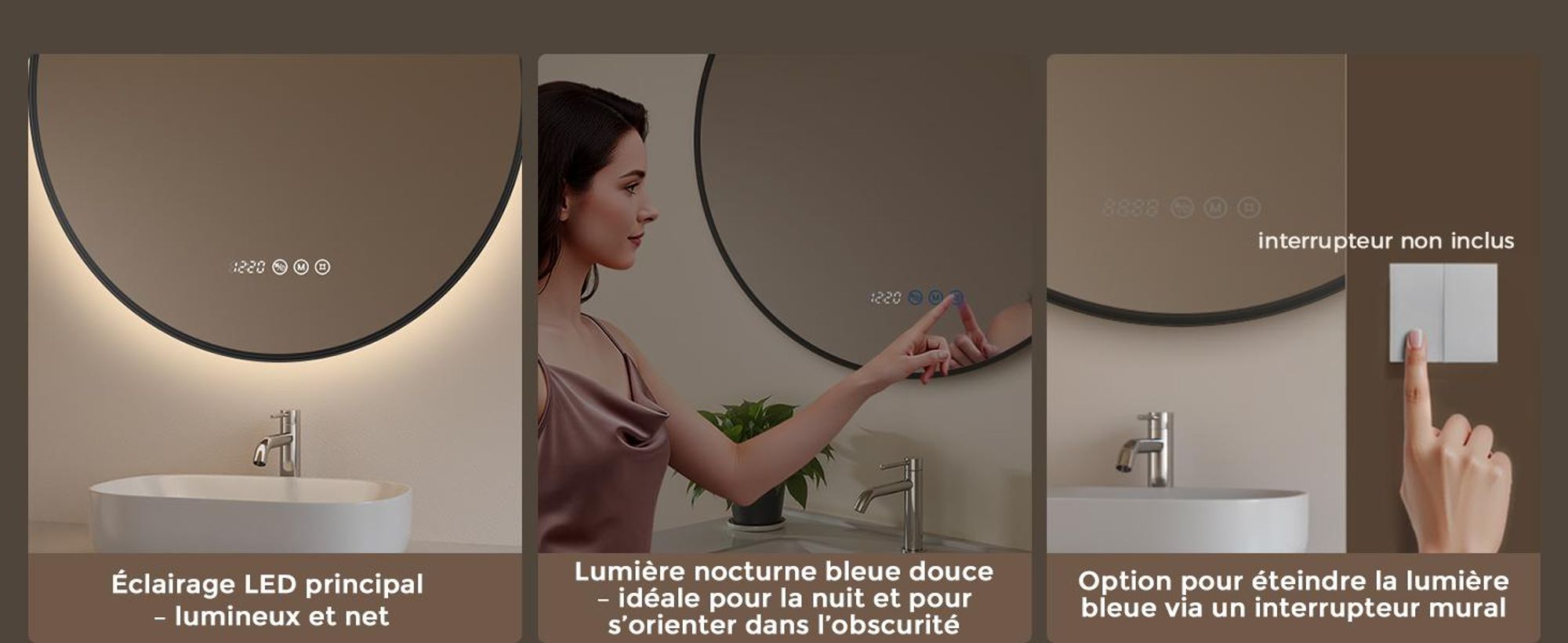 S'AFIELINA Miroir Salle de Bain LED Rond 80 cm avec Éclairage, Cadre Noir, 3 températures de couleur, variateur, antibuée, horloge & température